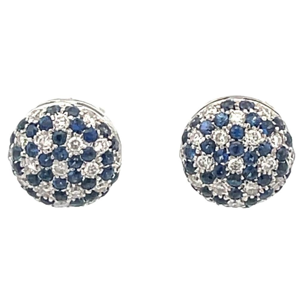 Natural Blue Sapphire & Diamond Flower Motif Puff Earring in 18kt White Gold For Sale