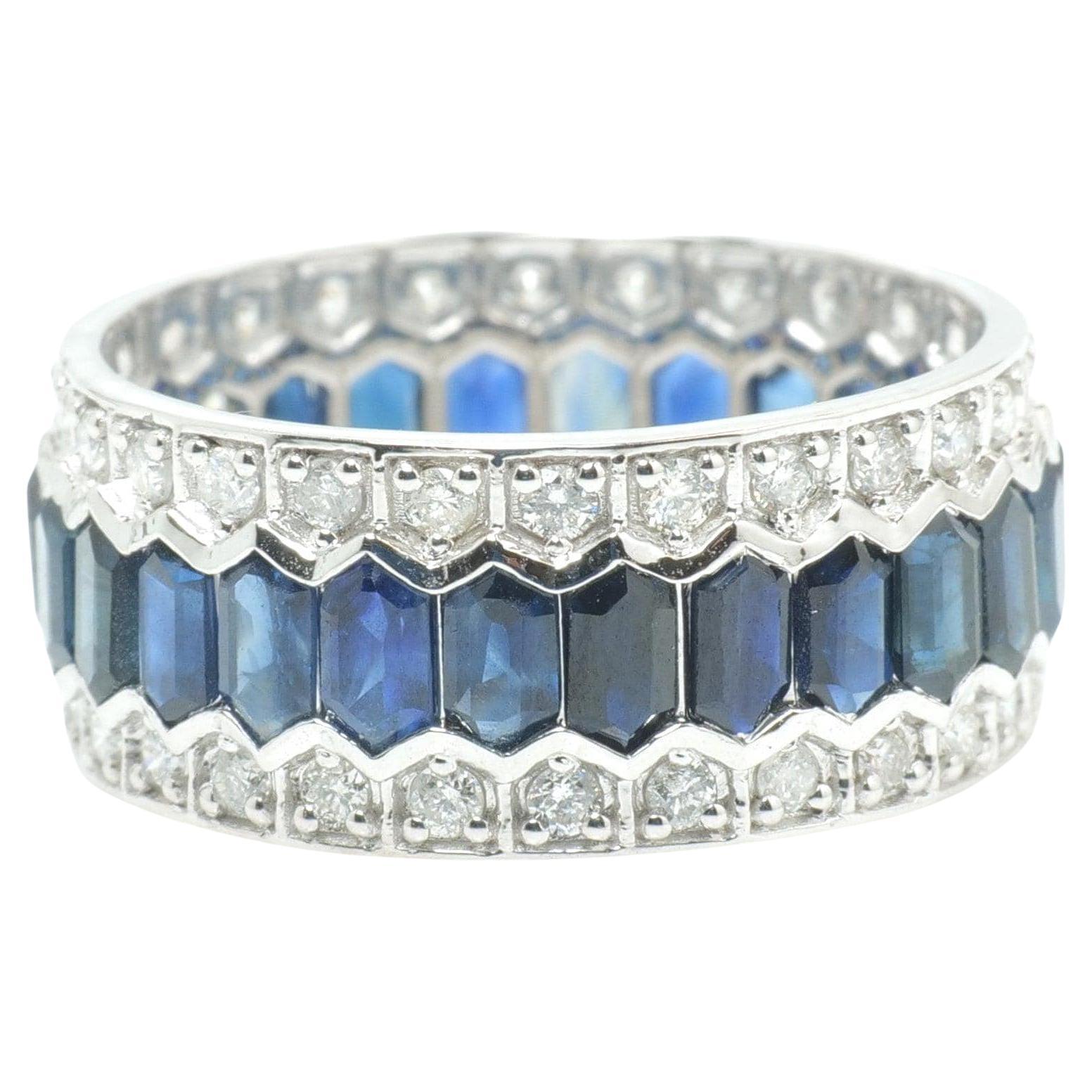 Natural Blue Sapphire & Diamond Gemstone Band Ring in 14K Solid Gold (Certified)