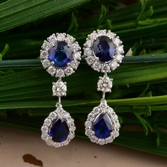 Natural Blue Sapphire Diamond Halo Drop Earrings 14k White Gold All Tariff Paid