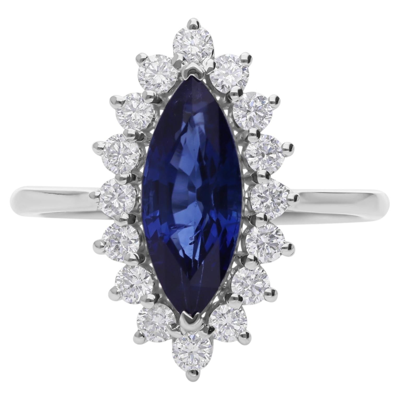 Natural Blue Sapphire Diamond Halo Marquise Shape Cocktail Ring 18k White Gold
