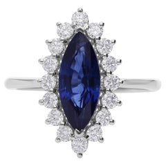 Natural Blue Sapphire Diamond Halo Marquise Shape Cocktail Ring 18k White Gold
