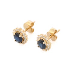 Natural Blue Sapphire Diamond Halo Stud Earrings in 14K Yellow Gold