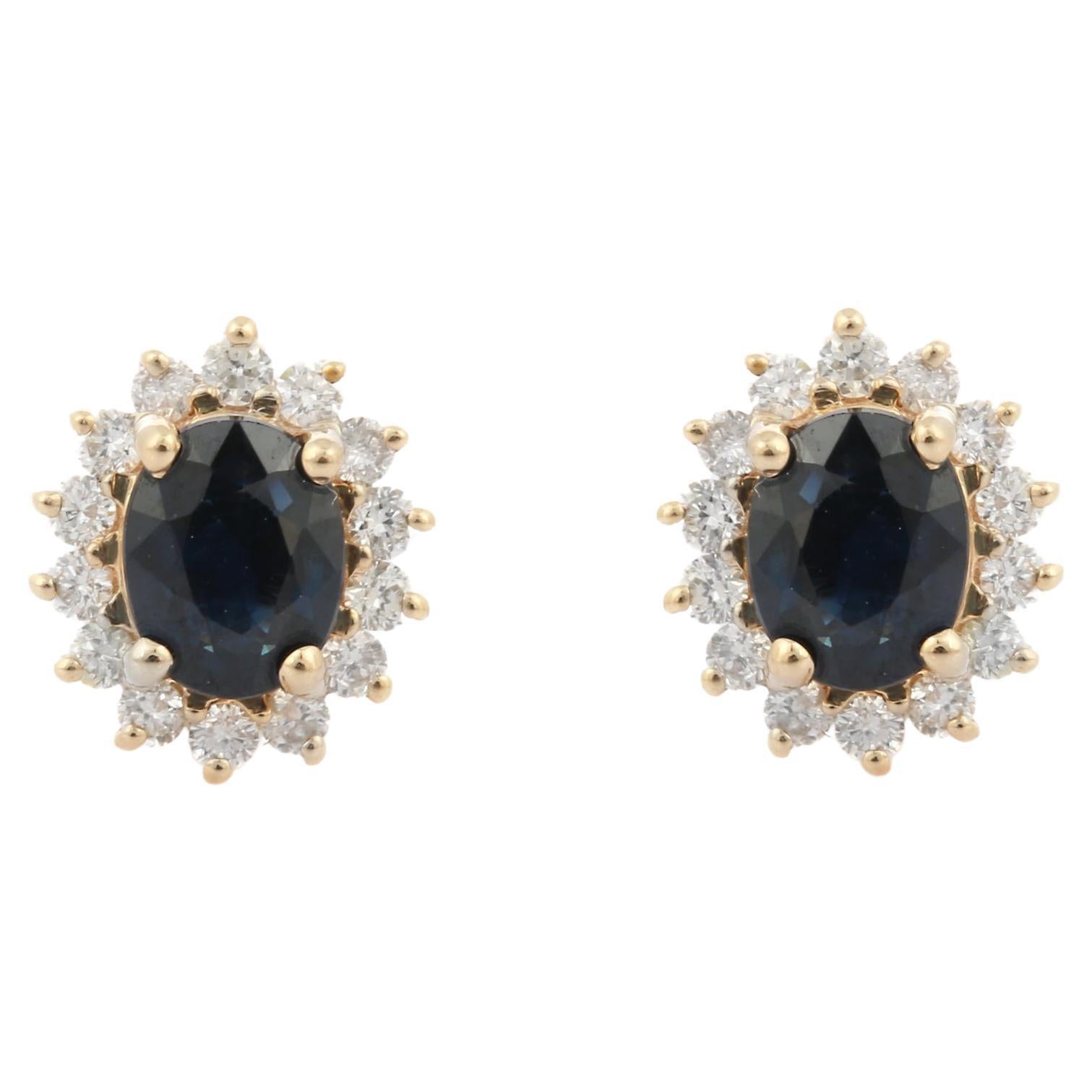 Natural Blue Sapphire Diamond Halo Stud Earrings in 14K Yellow Gold For Sale