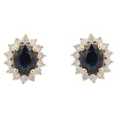Boucles d'oreilles en or jaune 14K avec saphir bleu naturel et diamant en halo