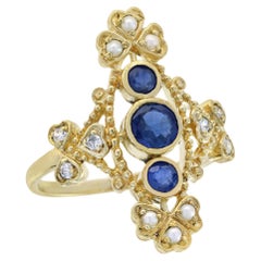 Natural Blue Sapphire Diamond Pearl Vintage Style Cocktail Ring in 9K Gold