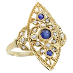 Natural Blue Sapphire Diamond Pearl Vintage Style Floral Ring in Solid 9K Gold