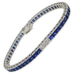Natural Blue Sapphire & Diamond Princess Cut Channel Tennis Bracelet 9.30CTW 18K