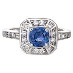 Natural Blue Sapphire Diamond Ring Estate 14 Karat White Gold Square Halo