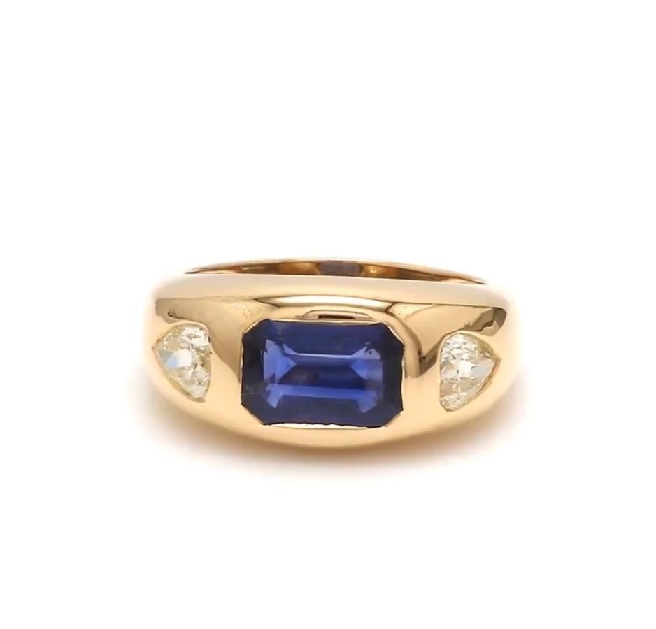 Blue sapphire emerald cut diamond gypsy ring gold  Natural blue sapphire flush set ring with pear diamond  Vintage signet chunky ring gold

GEMSTONE DETAILS :
✦ Gemstone : Blue Sapphire
✦ Gemstone Type : Natural
✦ Gemstone Size : 9x7 MM
✦ Gemstone