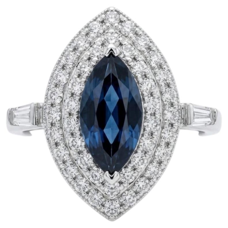 Natural Blue Sapphire & Diamond Halo Ring in 18K White Gold, India For Sale