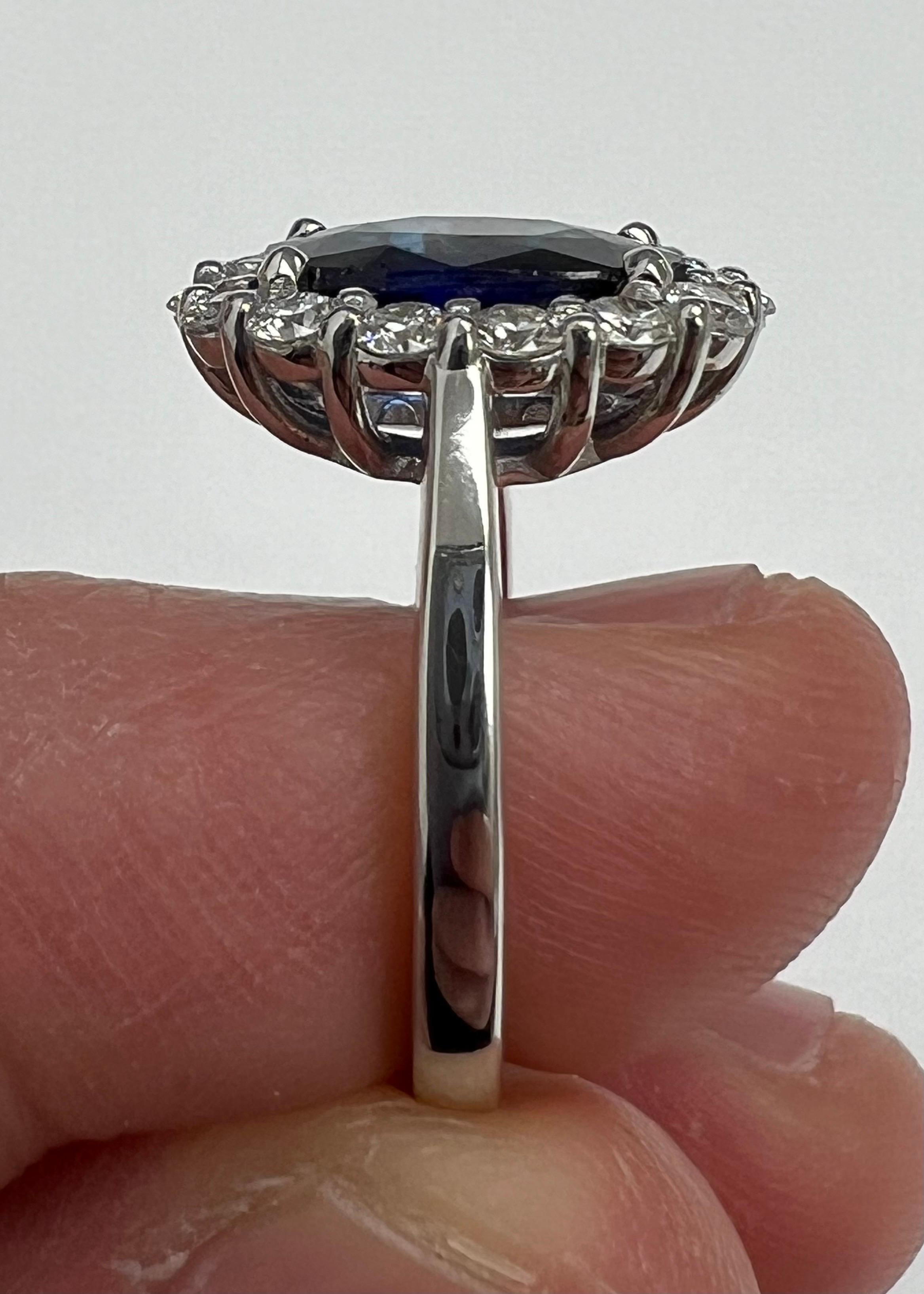 Natural Blue Sapphire Diamond Ring in 18k White Gold - Lady D Style For Sale 1