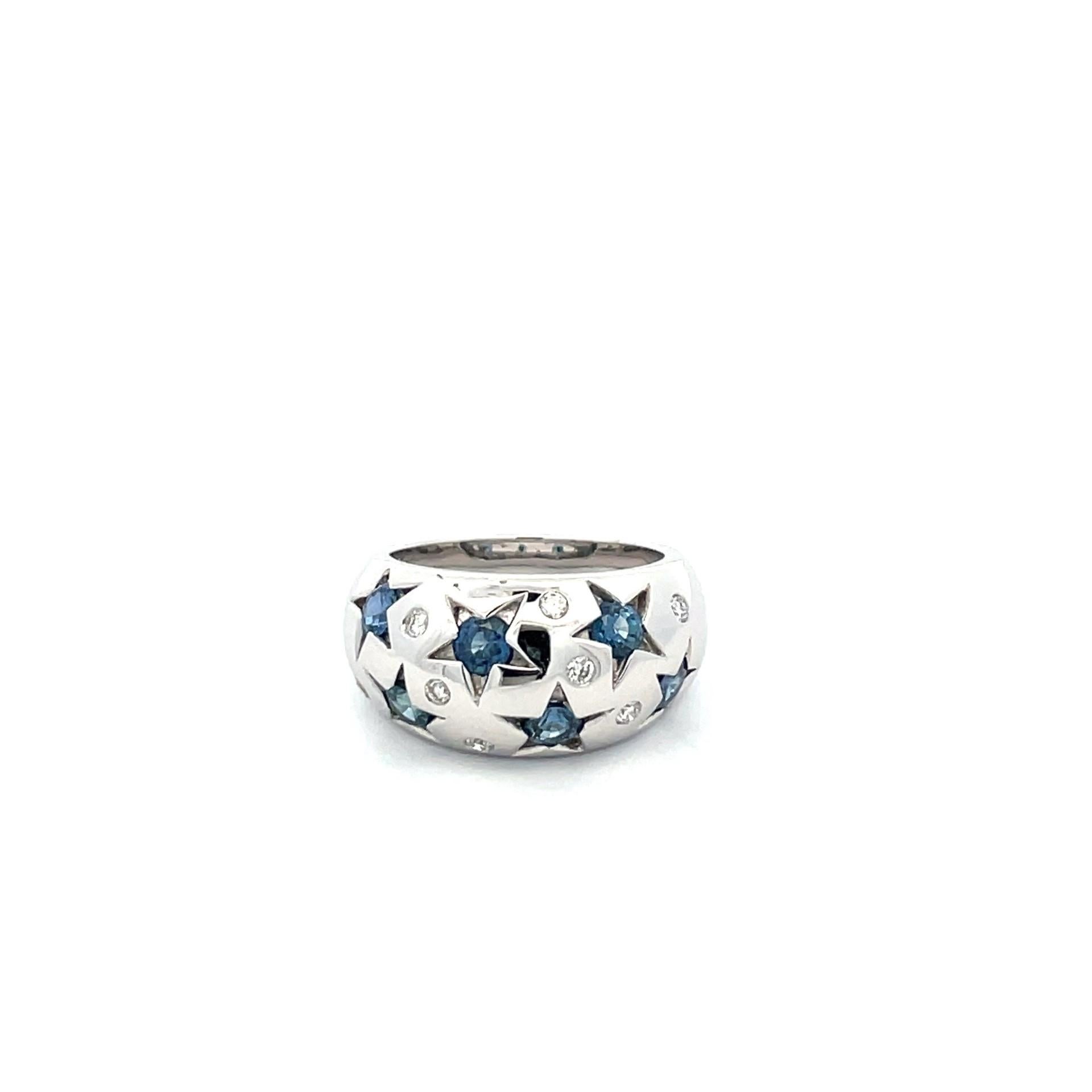 One 18kt white gold polished star ring with natural blue sapphire and natural white diamonds. Feel like a star !

6 round cut natural blue sapphire  weighing 1.35ct total weight

8 brilliant cut diamonds weighing 0.19ct total weight, quality