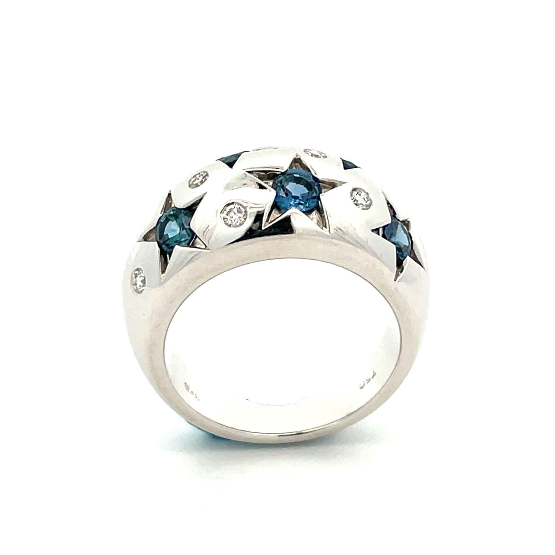 Contemporary Natural Blue Sapphire & Diamond Star Ring in 18 Karat White Gold For Sale