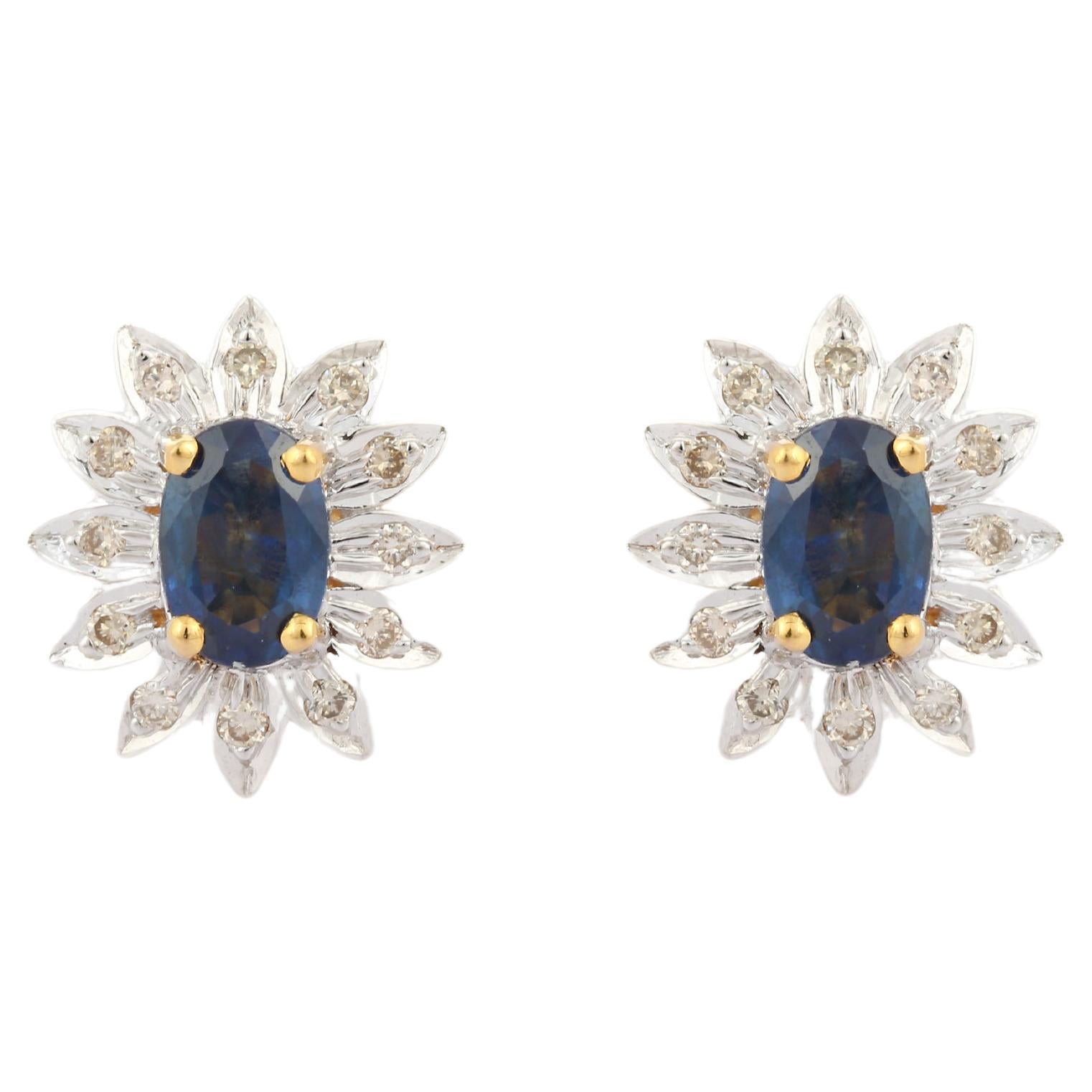 Natural Blue Sapphire and Diamond Flower Studs in 18 Karat Solid Yellow Gold For Sale