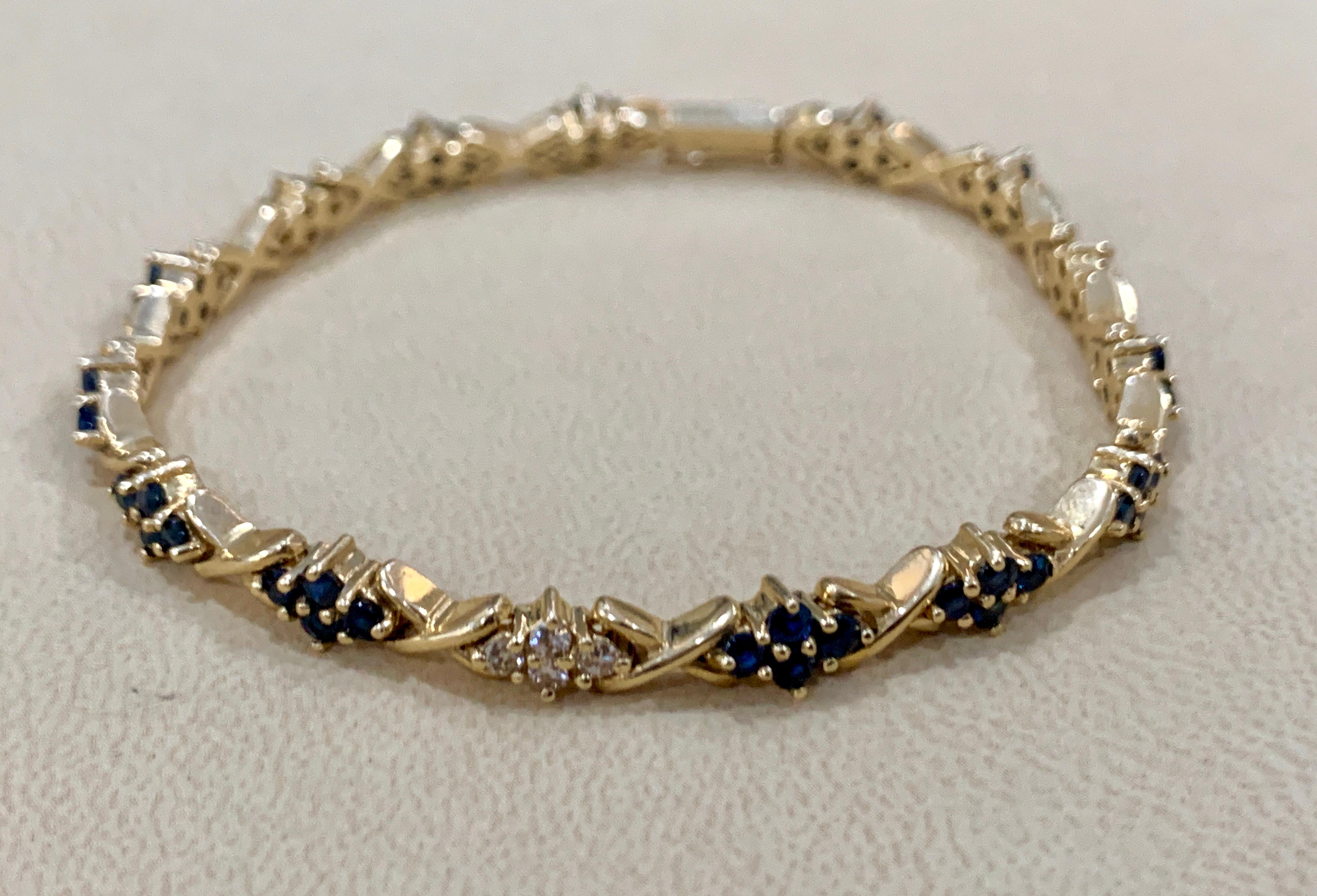 Natural Blue Sapphire and Diamond Tennis Bracelet 14 Karat Yellow Gold 7 Inch 3