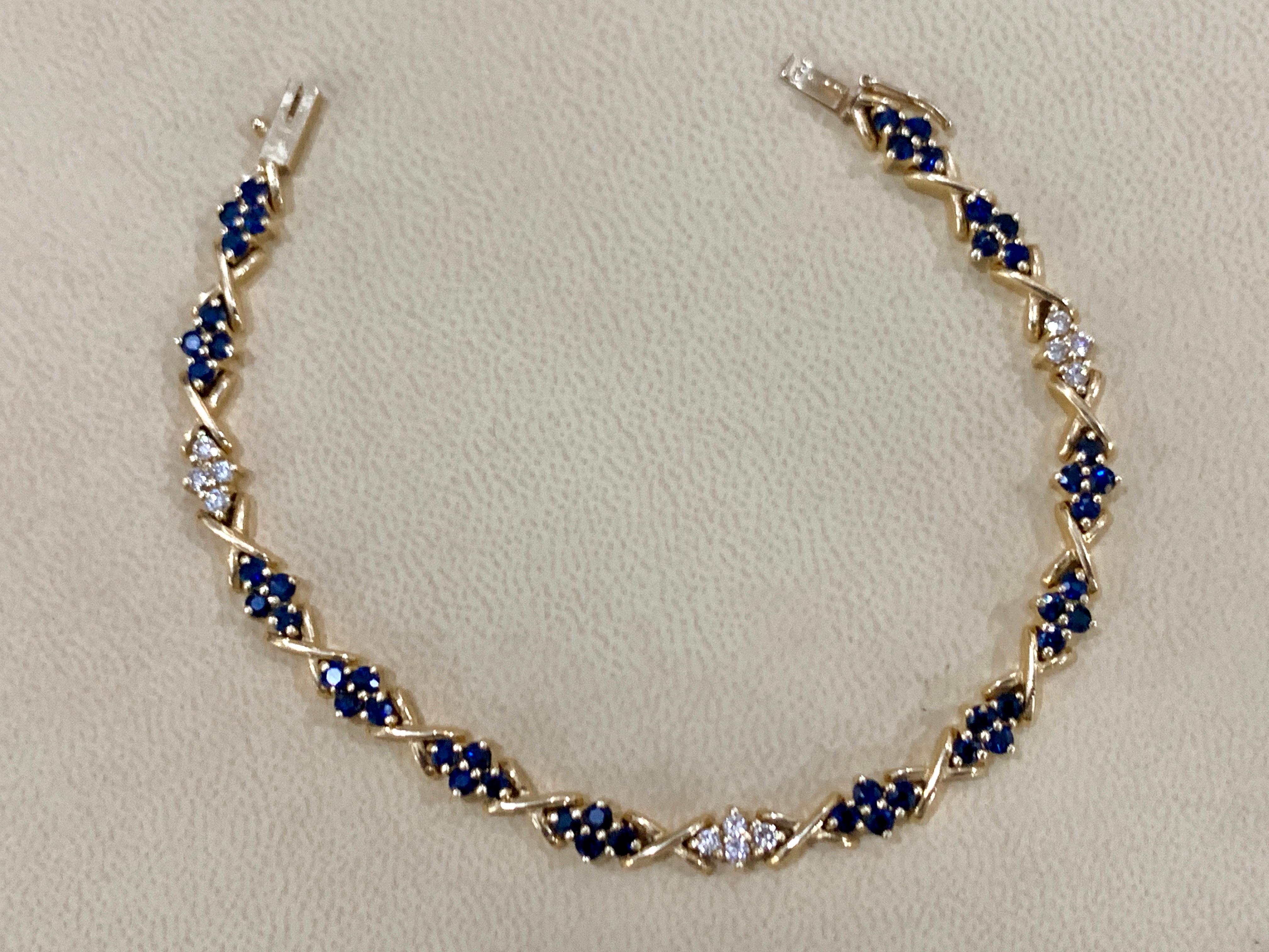 Natural Blue Sapphire and Diamond Tennis Bracelet 14 Karat Yellow Gold 7 Inch 4