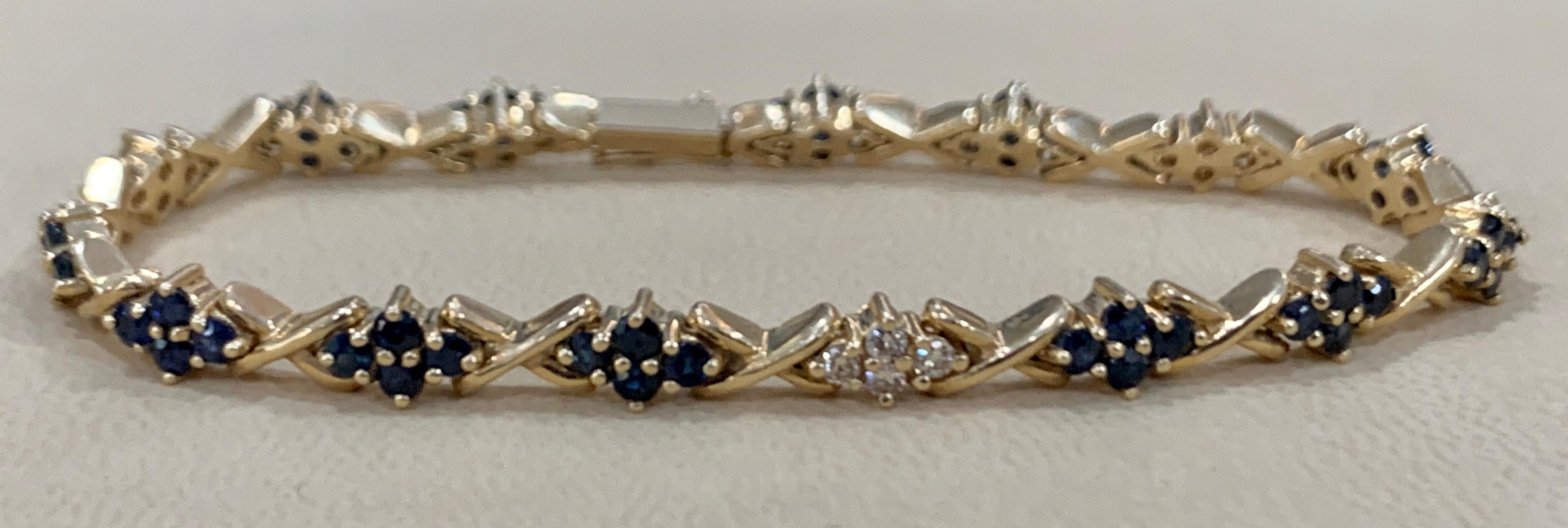Women's Natural Blue Sapphire and Diamond Tennis Bracelet 14 Karat Yellow Gold 7 Inch