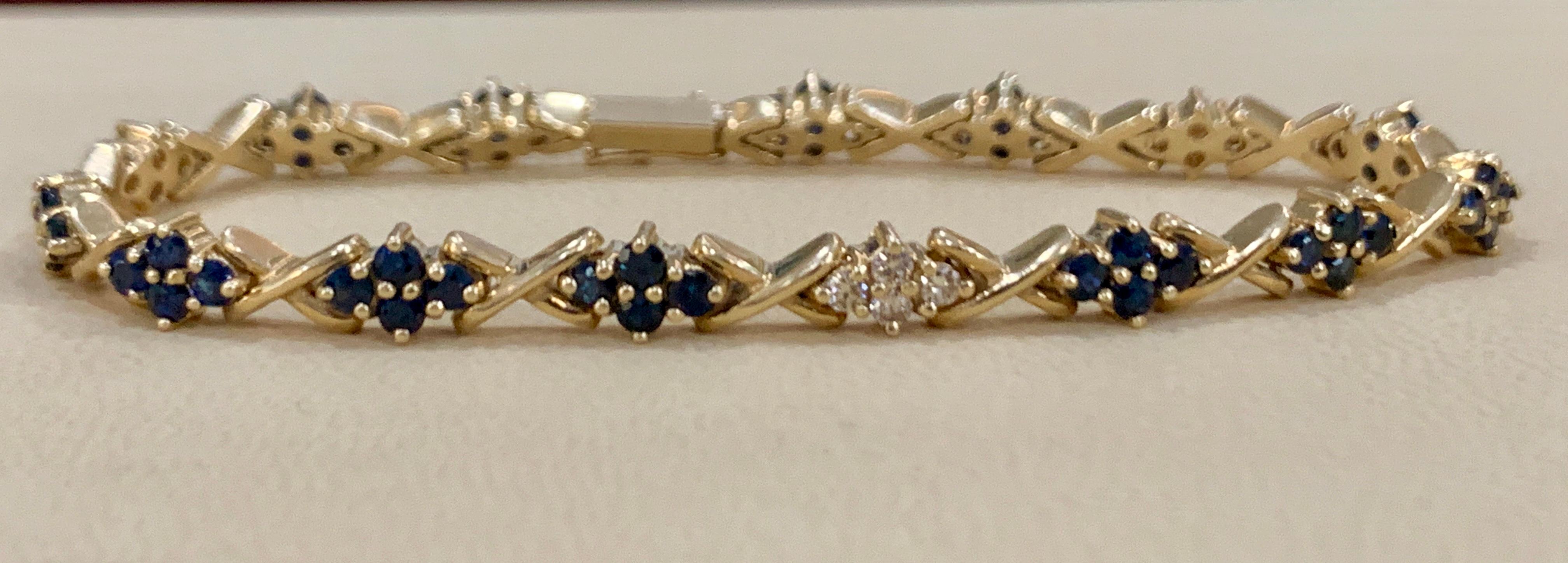 Natural Blue Sapphire and Diamond Tennis Bracelet 14 Karat Yellow Gold 7 Inch 1