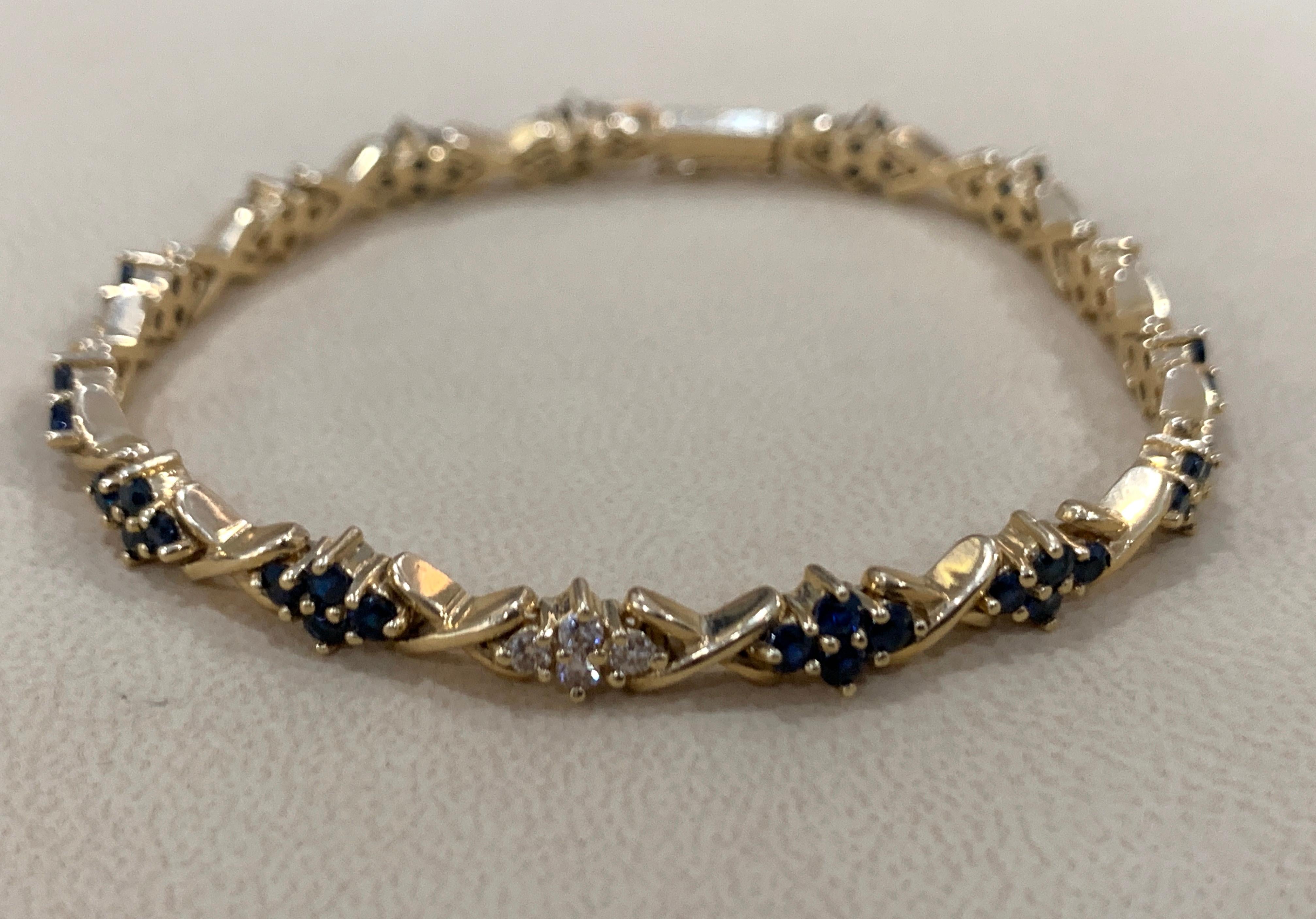 Natural Blue Sapphire and Diamond Tennis Bracelet 14 Karat Yellow Gold 7 Inch 2