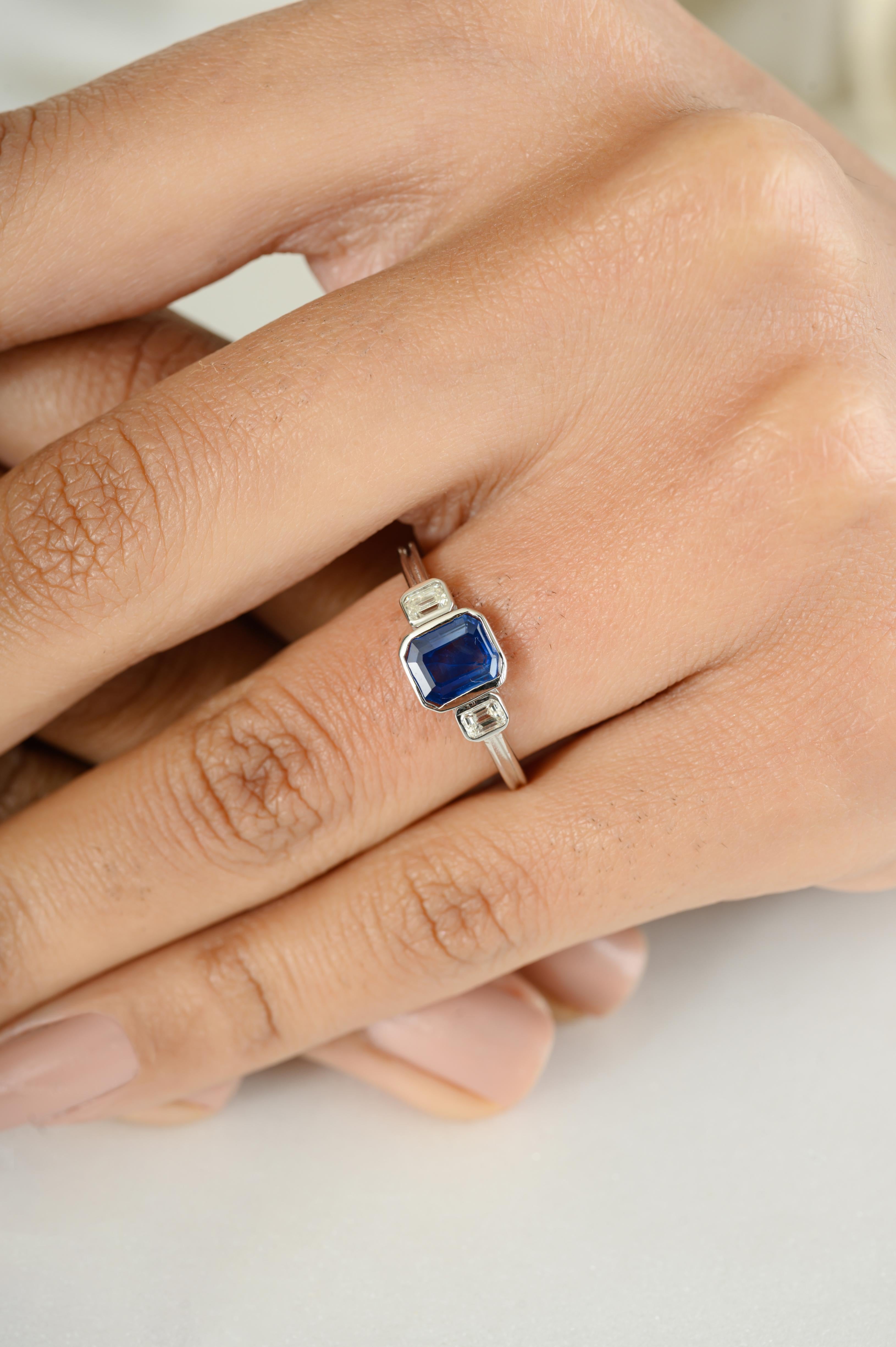 For Sale:  Natural Blue Sapphire Diamond Three Stone Ring for Engagement in 18k White Gold 6