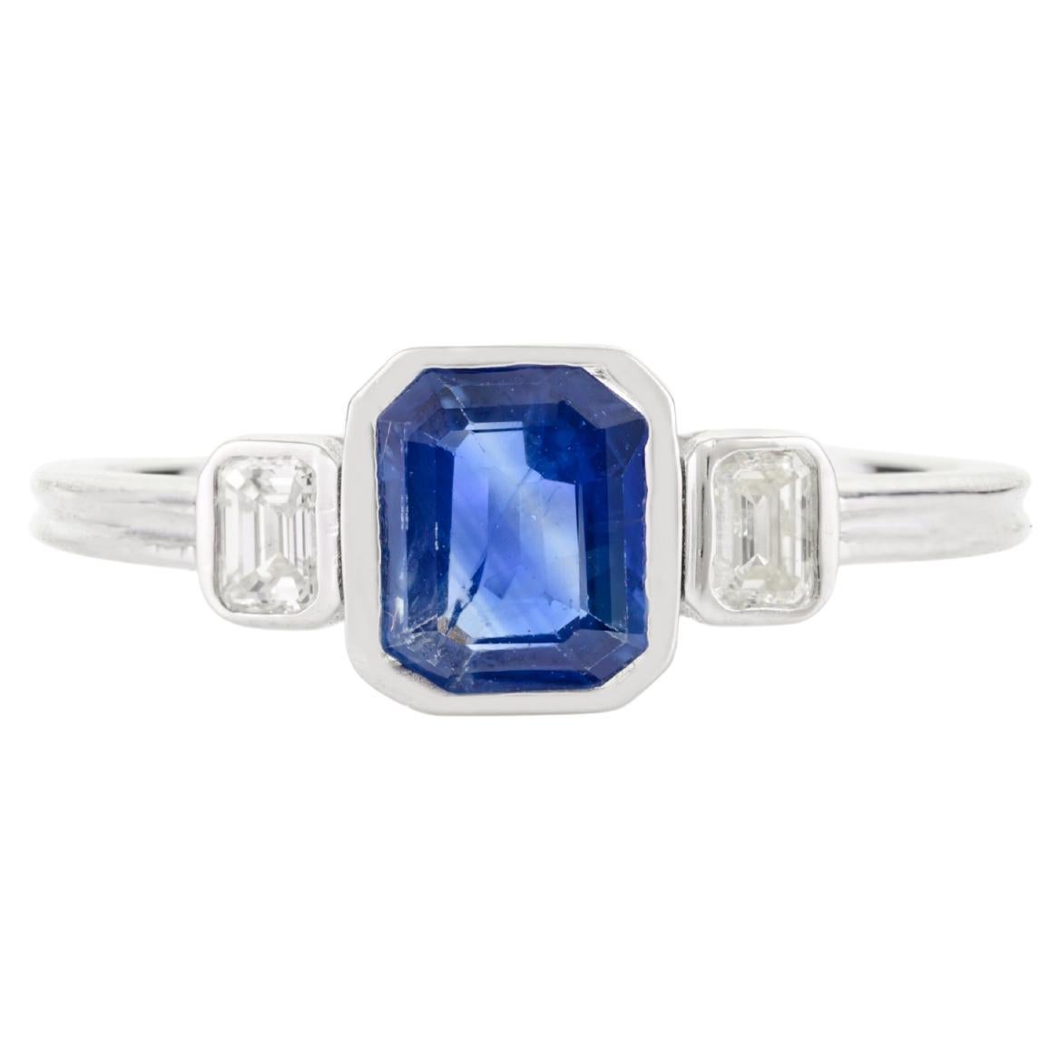 Natural Blue Sapphire Diamond Three Stone Ring for Engagement in 18k White Gold