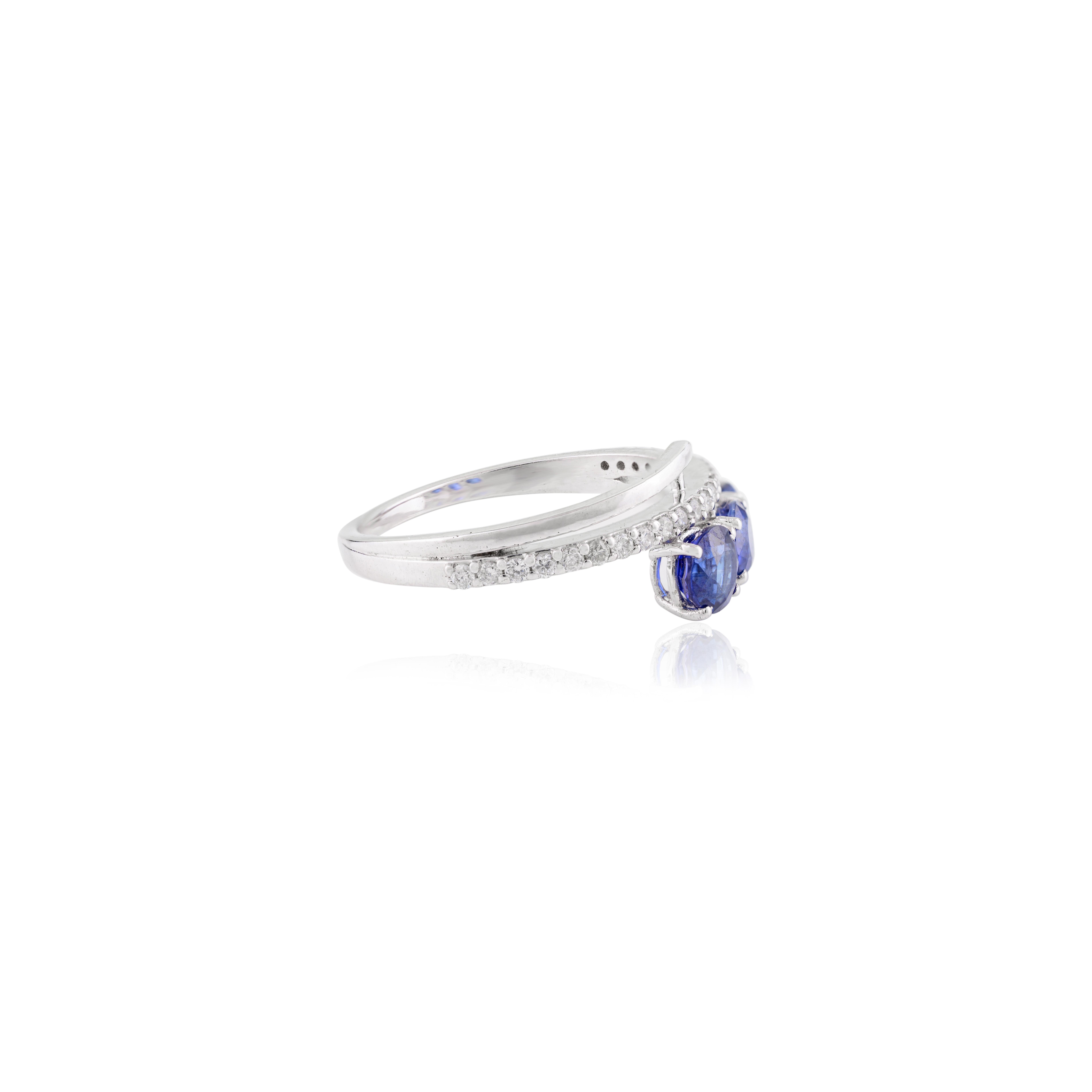 For Sale:  Natural Blue Sapphire Diamond Three Stone Wedding Ring in 18k Solid White Gold 3