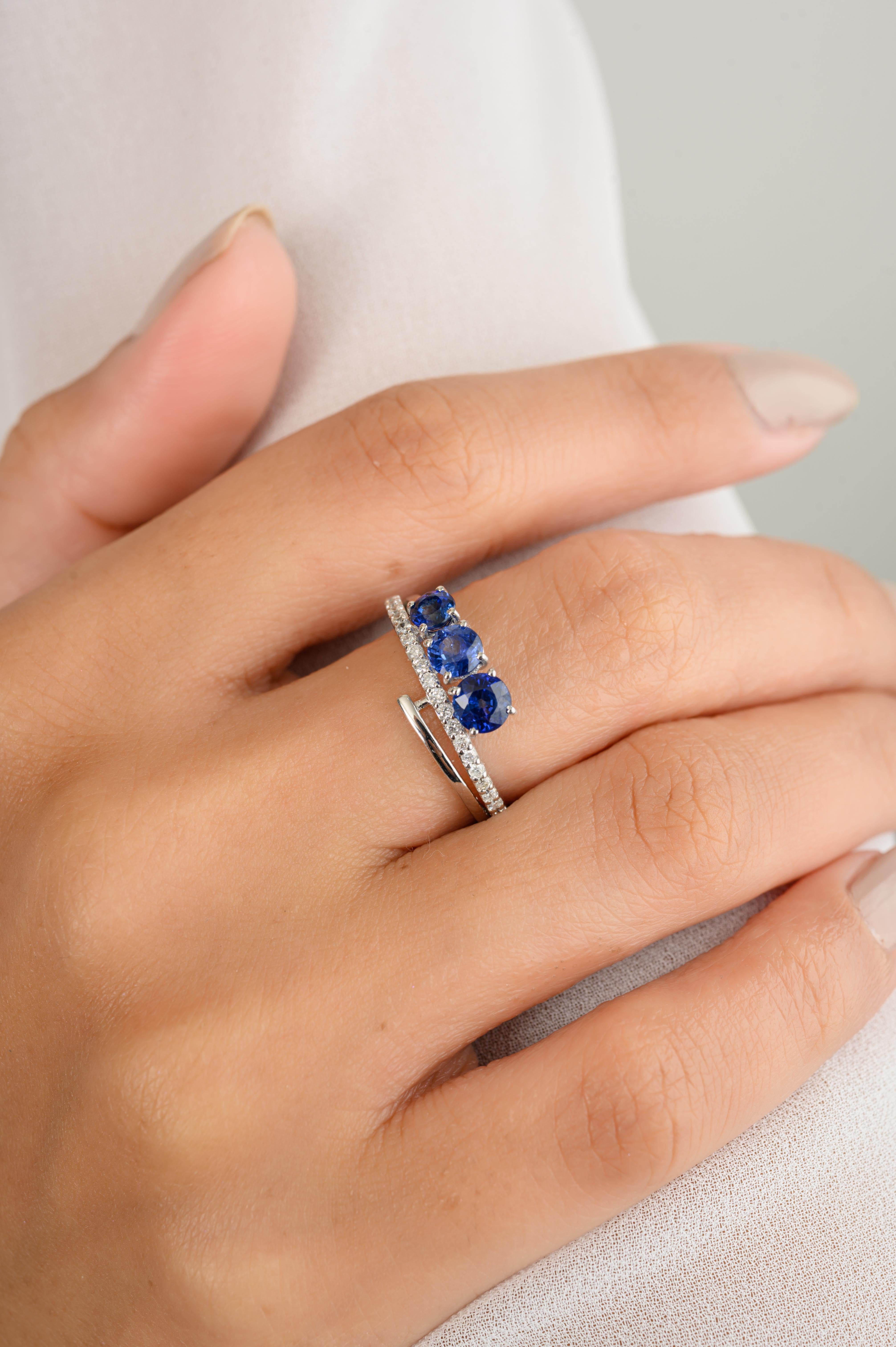 For Sale:  Natural Blue Sapphire Diamond Three Stone Wedding Ring in 18k Solid White Gold 4