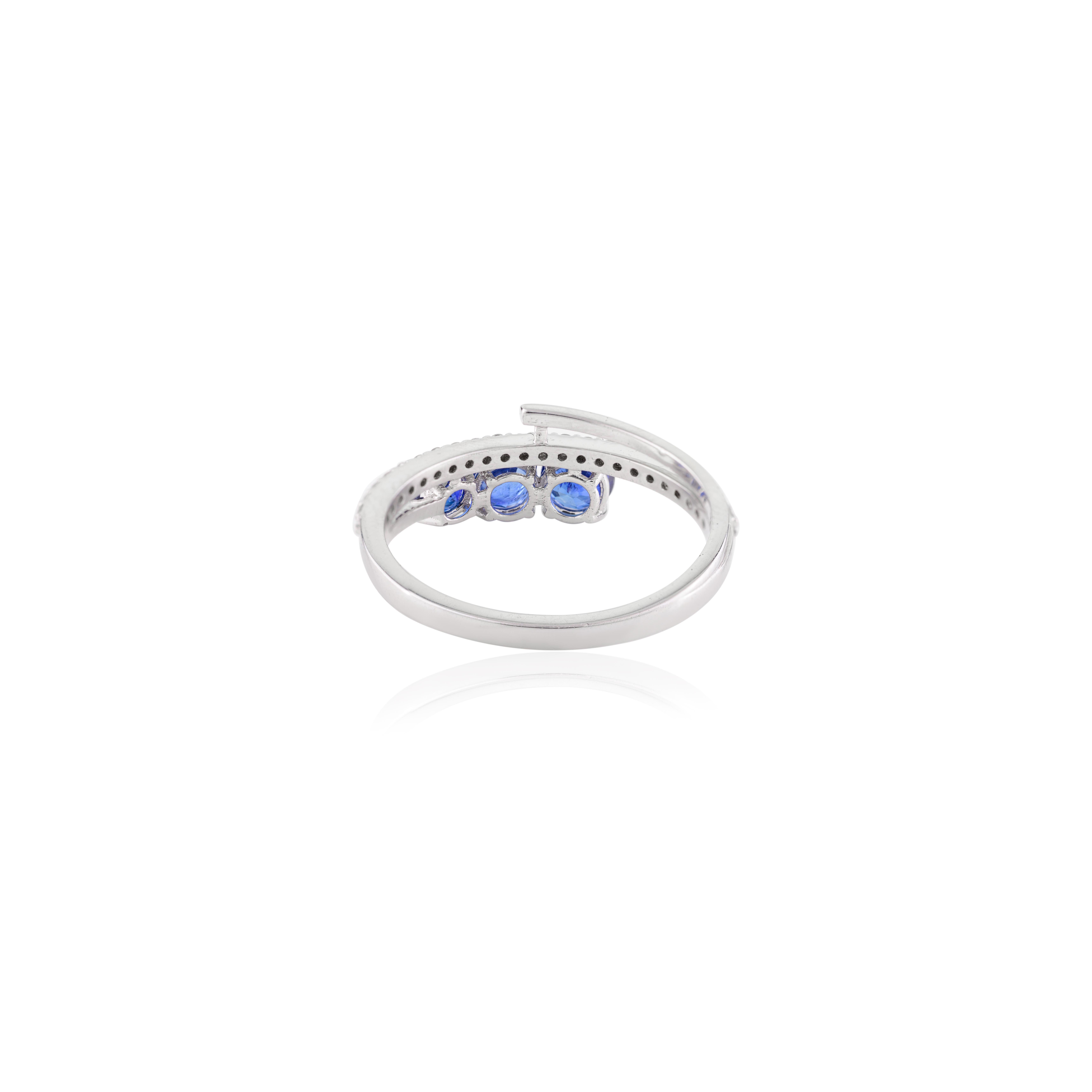 For Sale:  Natural Blue Sapphire Diamond Three Stone Wedding Ring in 18k Solid White Gold 7