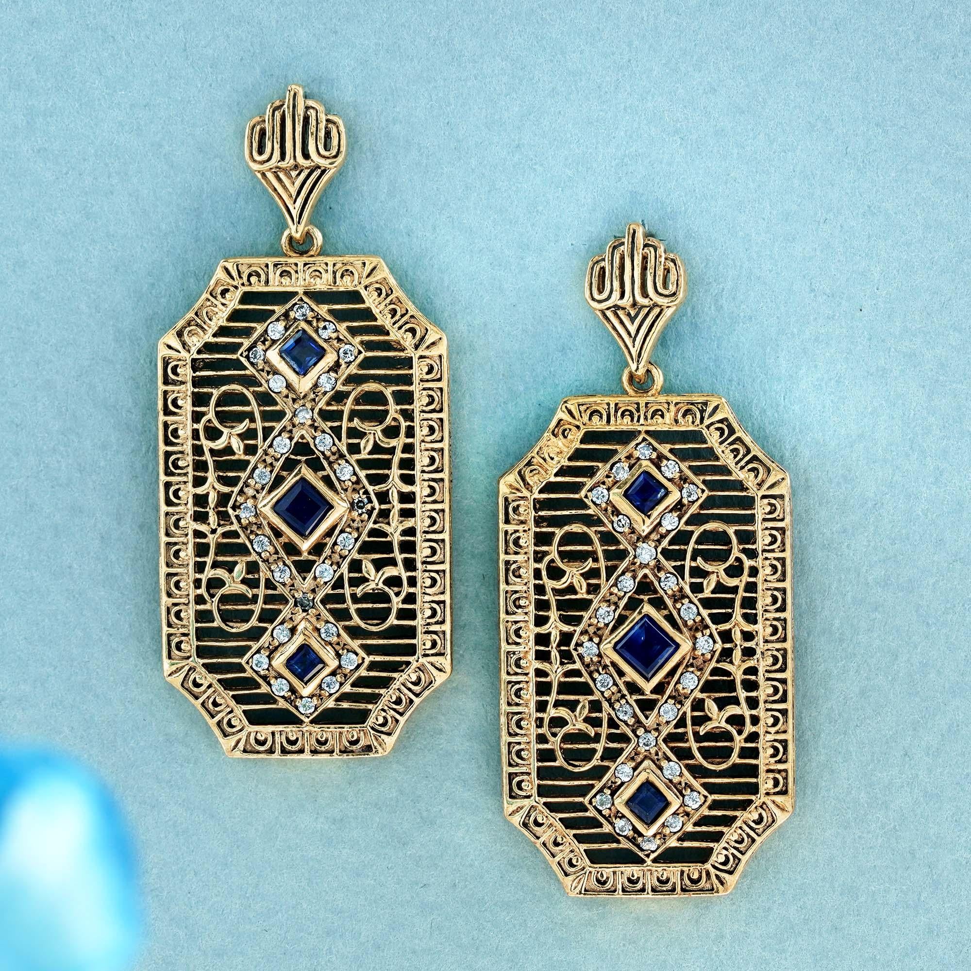 Immerse yourself in timeless elegance with these captivating vintage-inspired earrings, boasting a long octagon filigree adorned with straight lines and delicate floral curls.  Meticulously handcrafted from gold, At the center, they are adorned with
