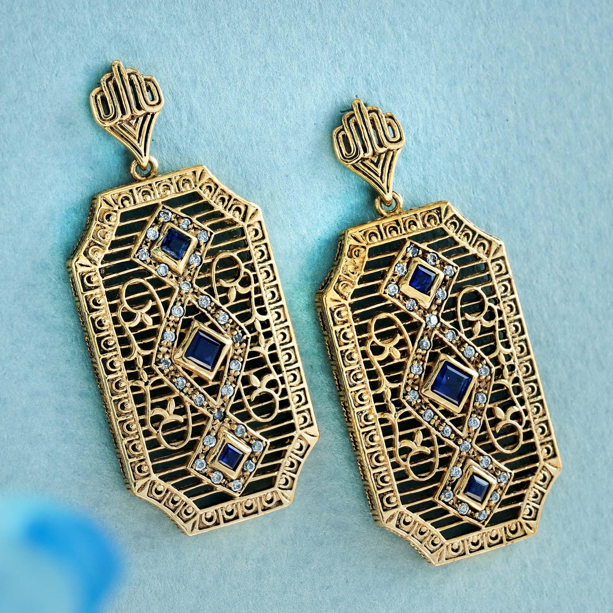 Edwardian Natural Blue Sapphire Diamond Vintage Deco Style Filigree Earrings in 9K Gold