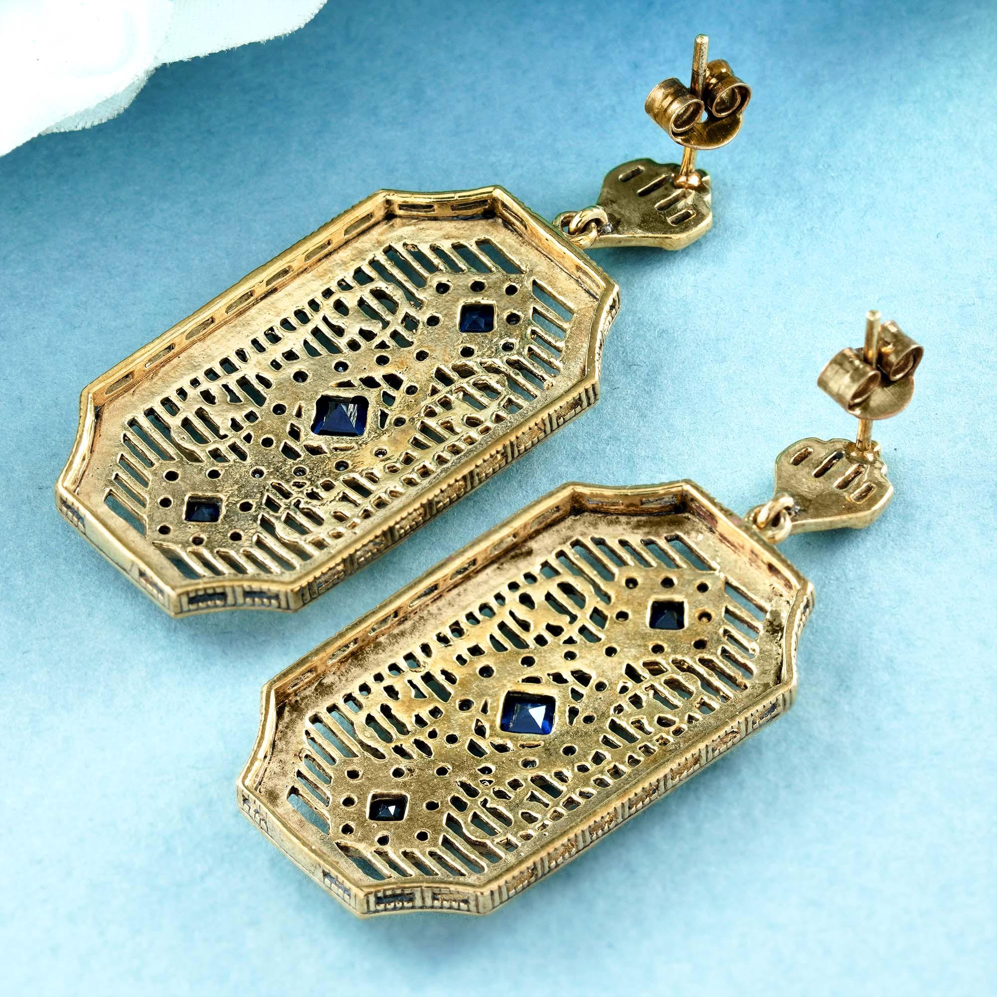 Square Cut Natural Blue Sapphire Diamond Vintage Deco Style Filigree Earrings in 9K Gold
