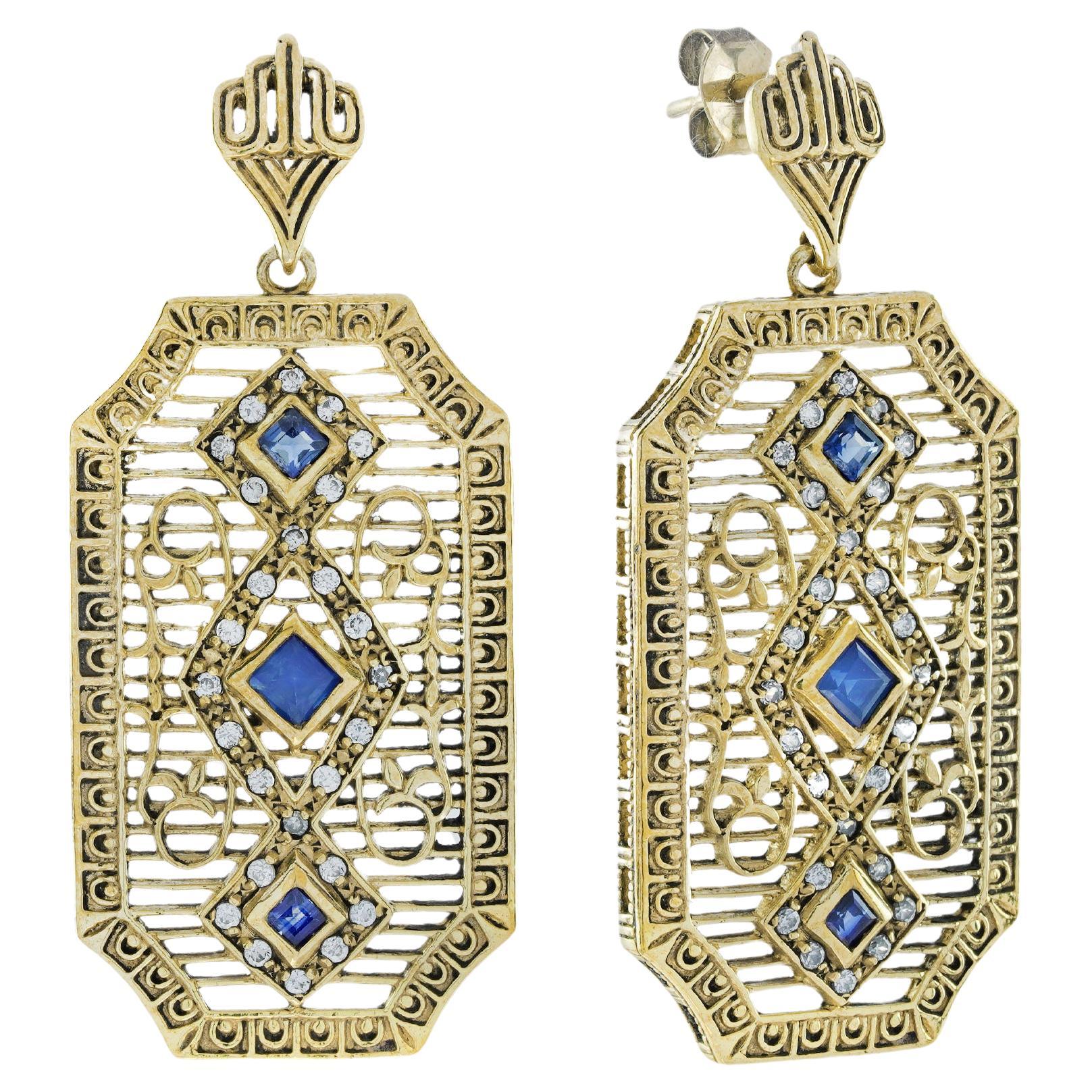 Natural Blue Sapphire Diamond Vintage Deco Style Filigree Earrings in 9K Gold