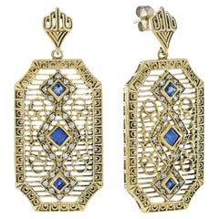 Natural Blue Sapphire Diamond Vintage Deco Style Filigree Earrings in 9K Gold