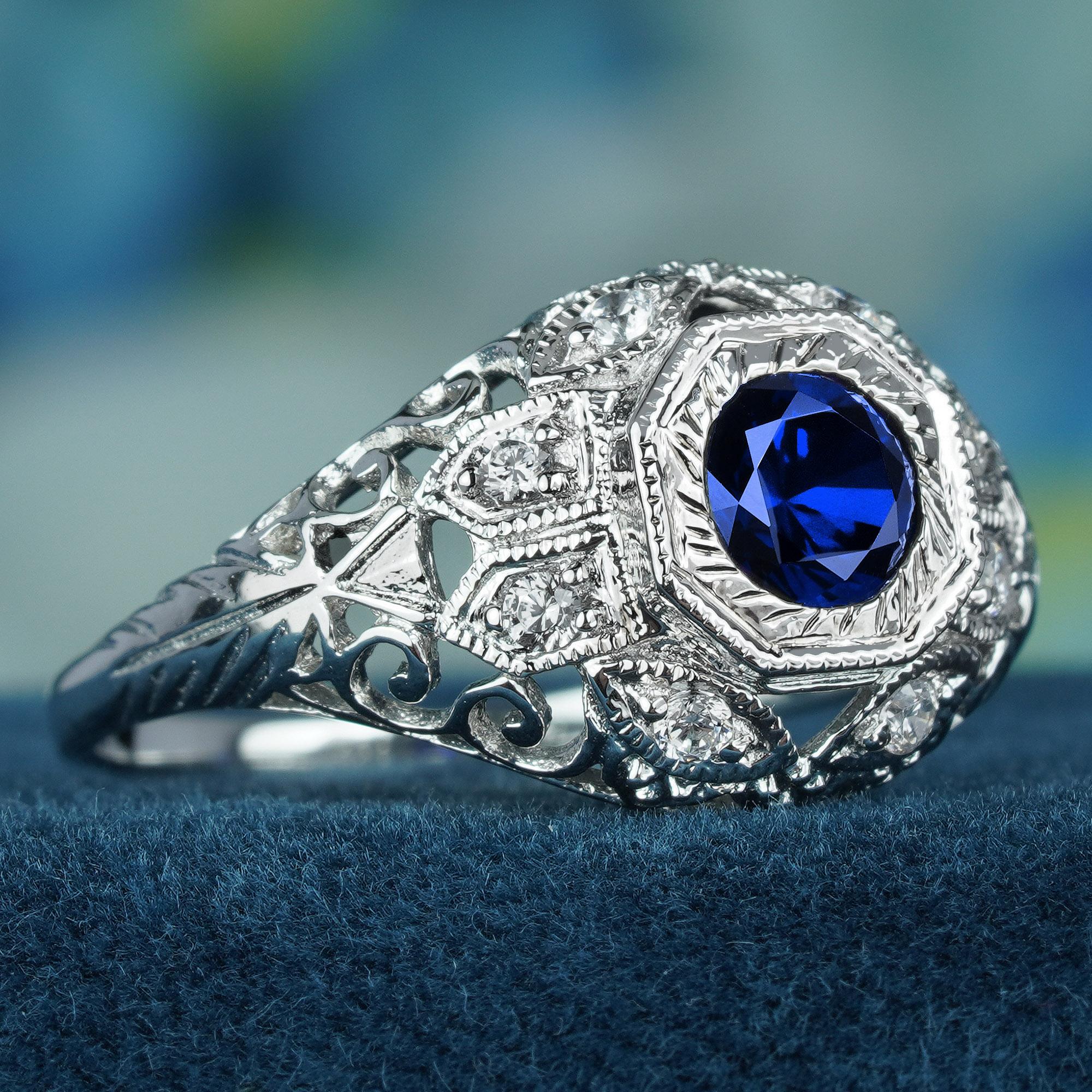 Natürlicher blauer Saphir Diamant Vintage Style Filigran Dome Ring in massivem 9K Gold (Edwardian) im Angebot
