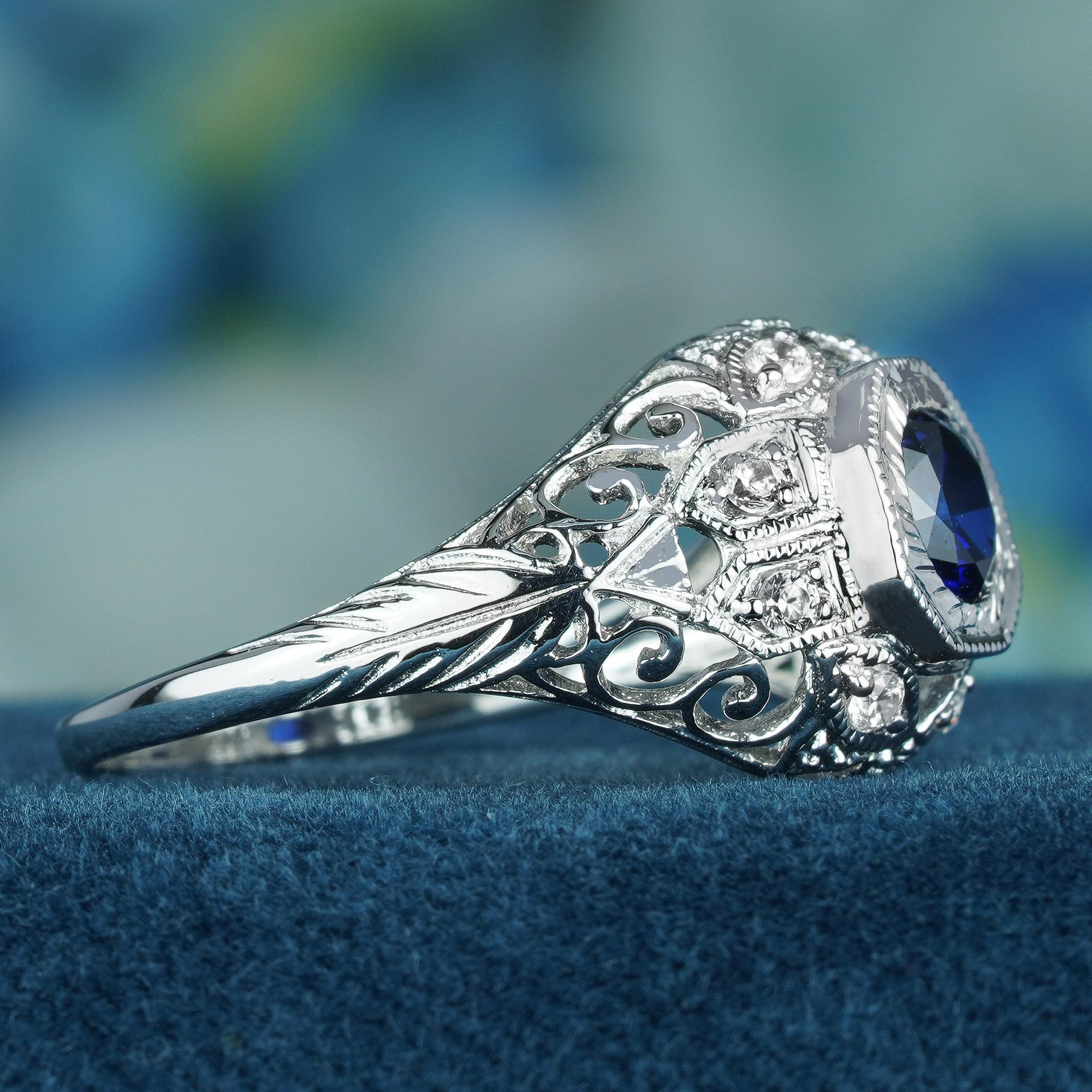 Taille ronde Saphir bleu naturel Diamant Bague dôme filigrane en or massif 9K de style vintage en vente