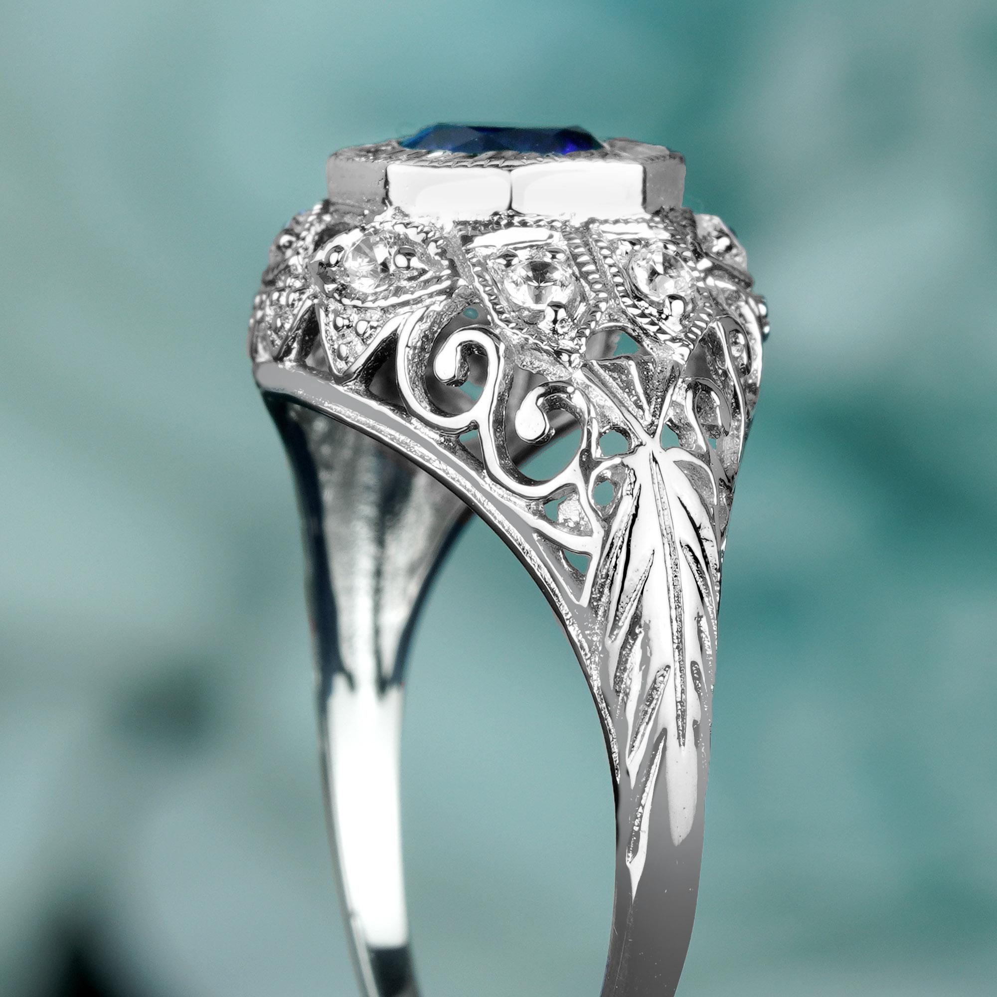 Natürlicher blauer Saphir Diamant Vintage Style Filigran Dome Ring in massivem 9K Gold Damen im Angebot