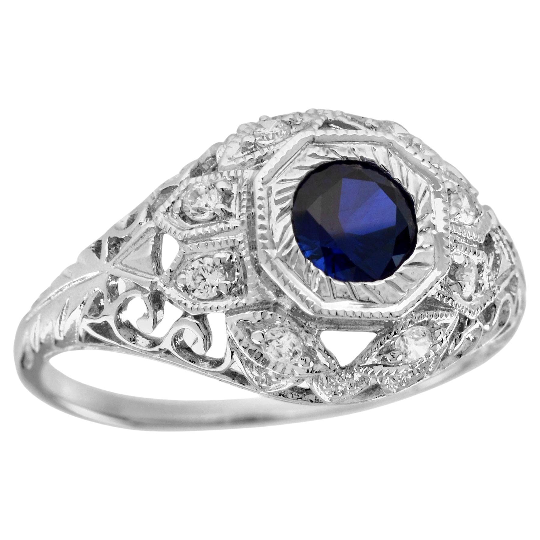 Natural Blue Sapphire Diamond Vintage Style Filigree Dome Ring in Solid 9K Gold