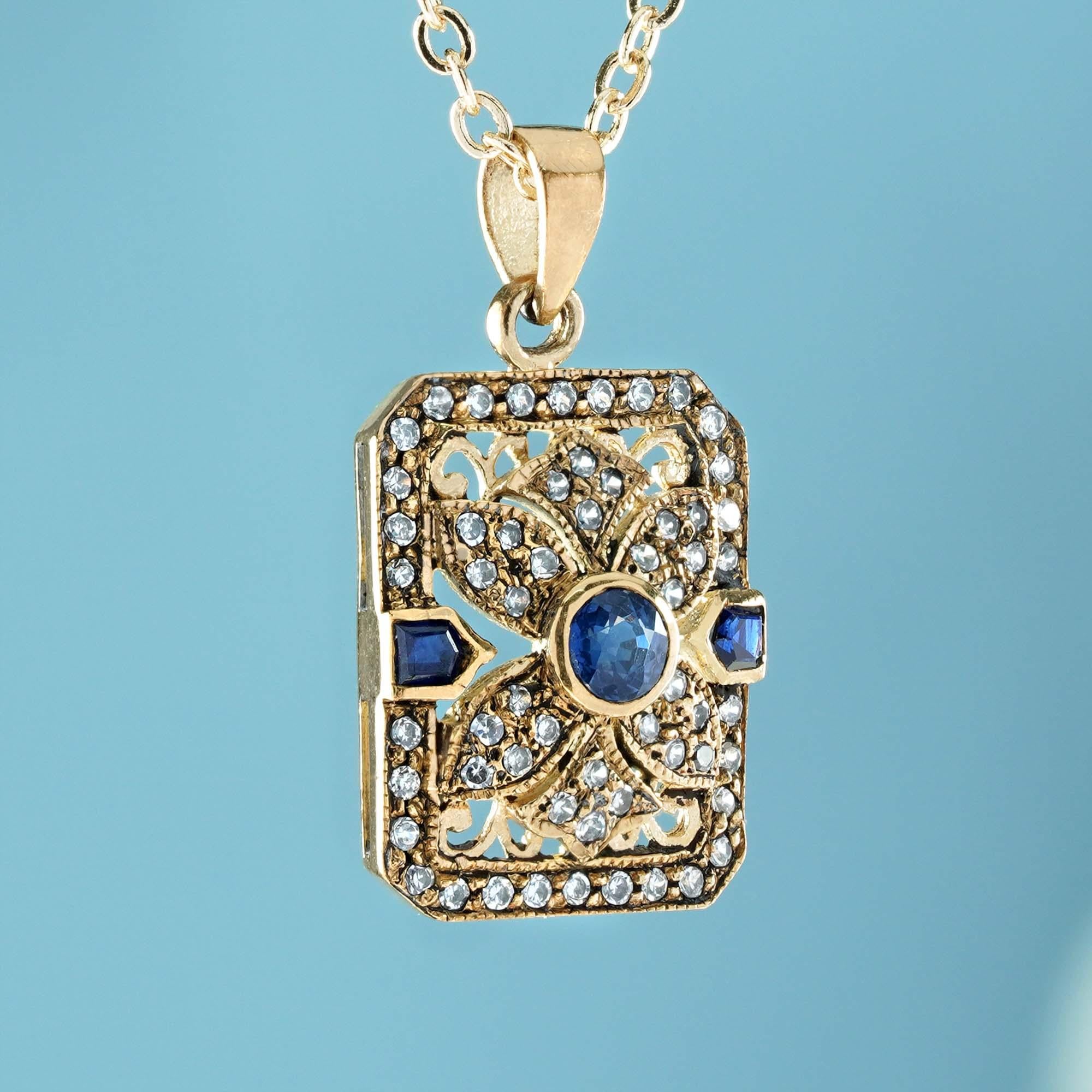 Art Deco Natural Blue Sapphire Diamond Vintage Style Filigree Pendant in Solid 9K Gold For Sale