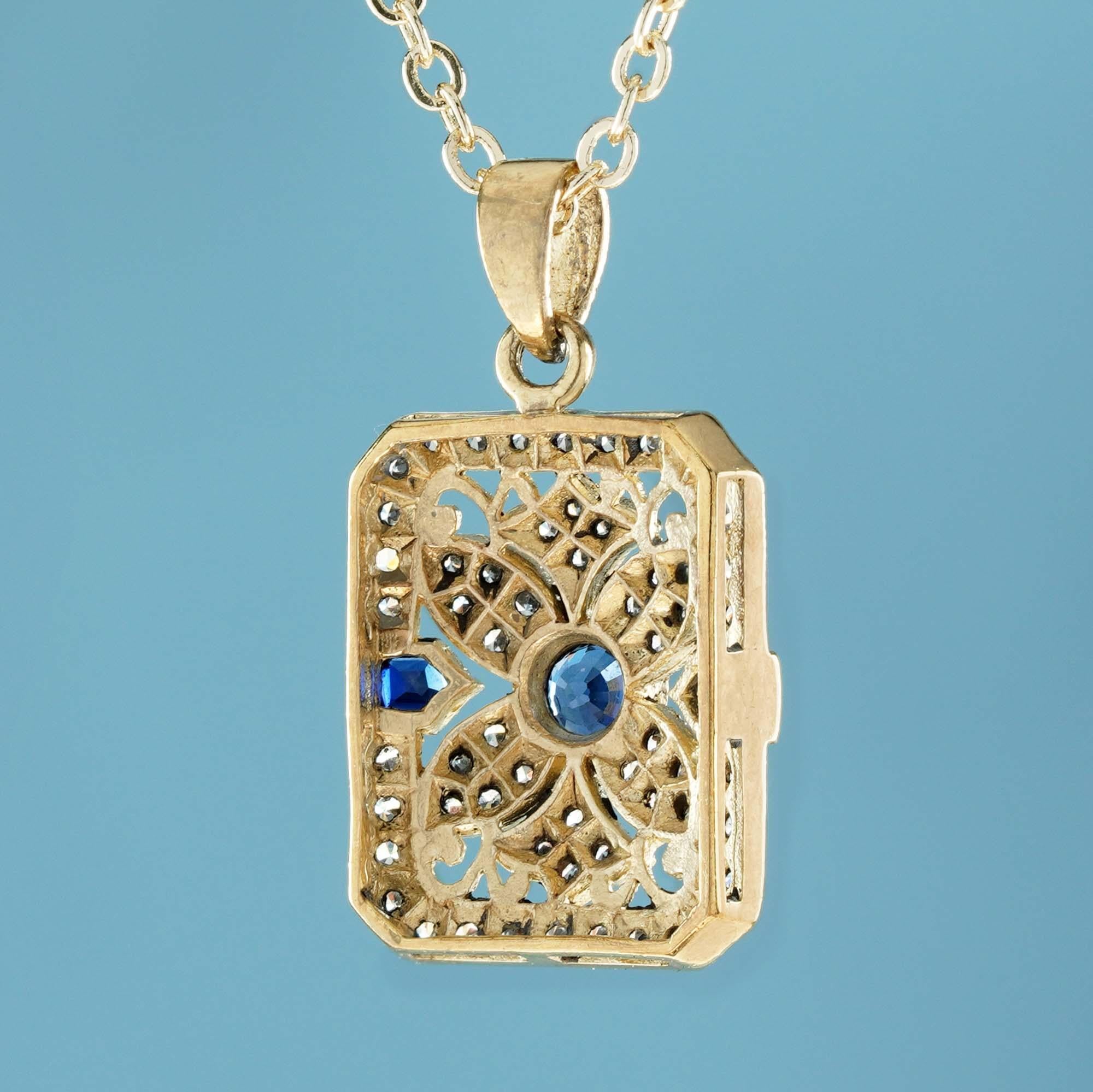 Round Cut Natural Blue Sapphire Diamond Vintage Style Filigree Pendant in Solid 9K Gold For Sale