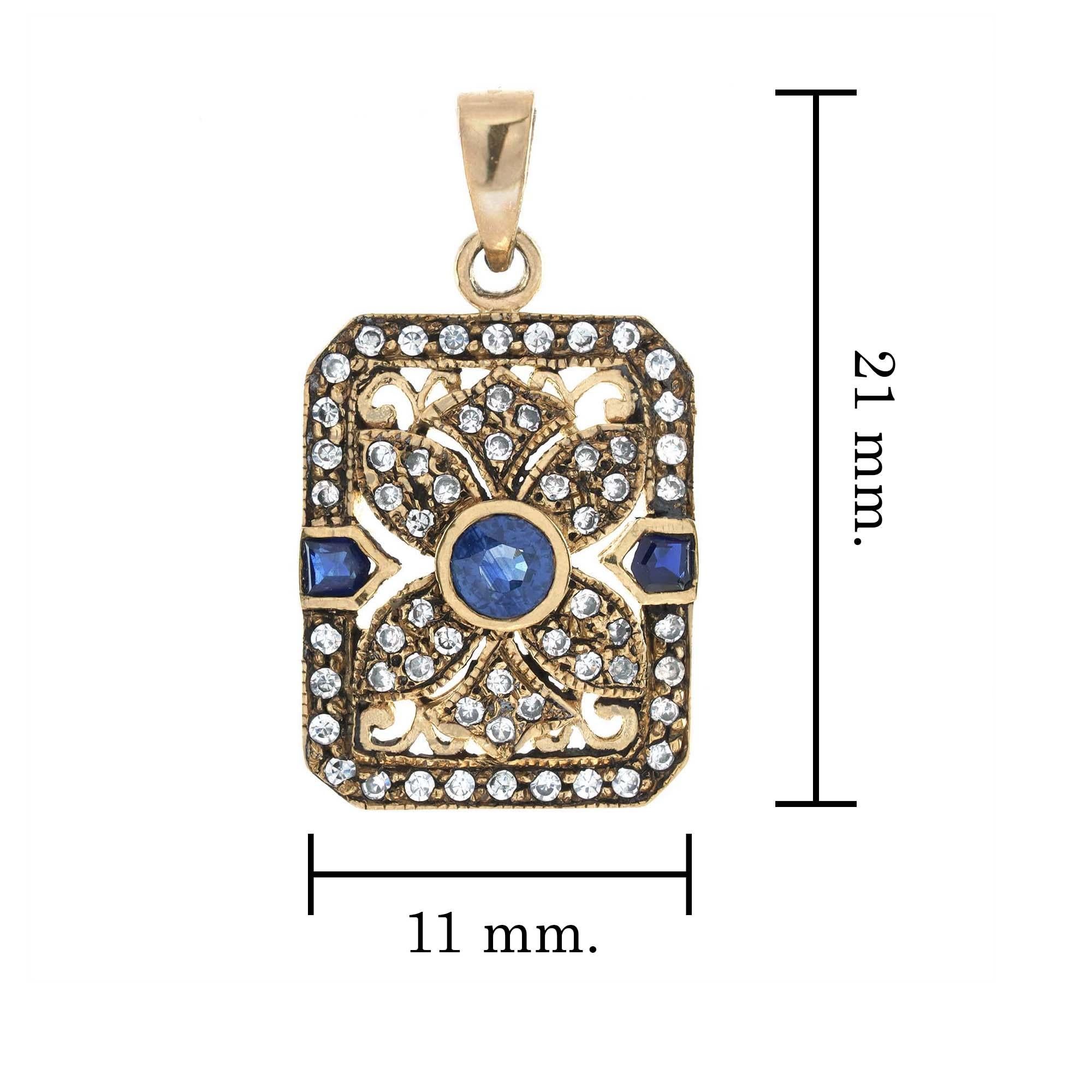 Natural Blue Sapphire Diamond Vintage Style Filigree Pendant in Solid 9K Gold In New Condition For Sale In Bangkok, TH