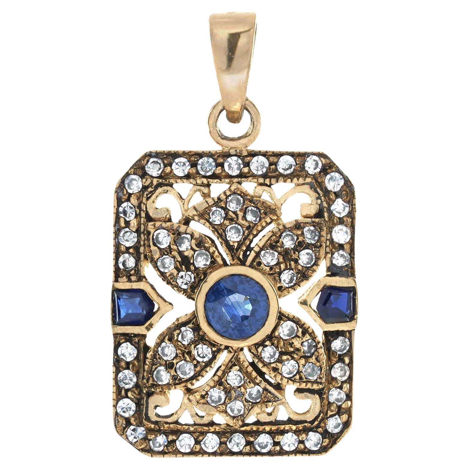 Natural Blue Sapphire Diamond Vintage Style Filigree Pendant in Solid 9K Gold For Sale