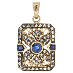 Natural Blue Sapphire Diamond Vintage Style Filigree Pendant in Solid 9K Gold