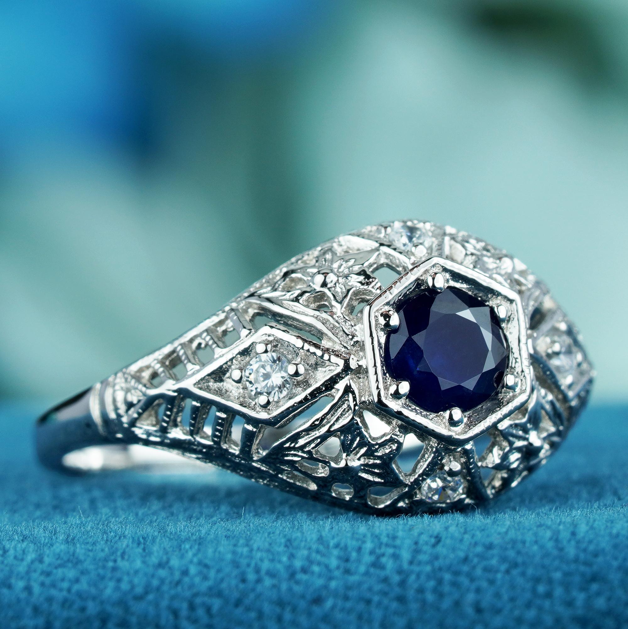 For Sale:  Natural Blue Sapphire Diamond Vintage Style Filigree Ring in 9K White Gold 2
