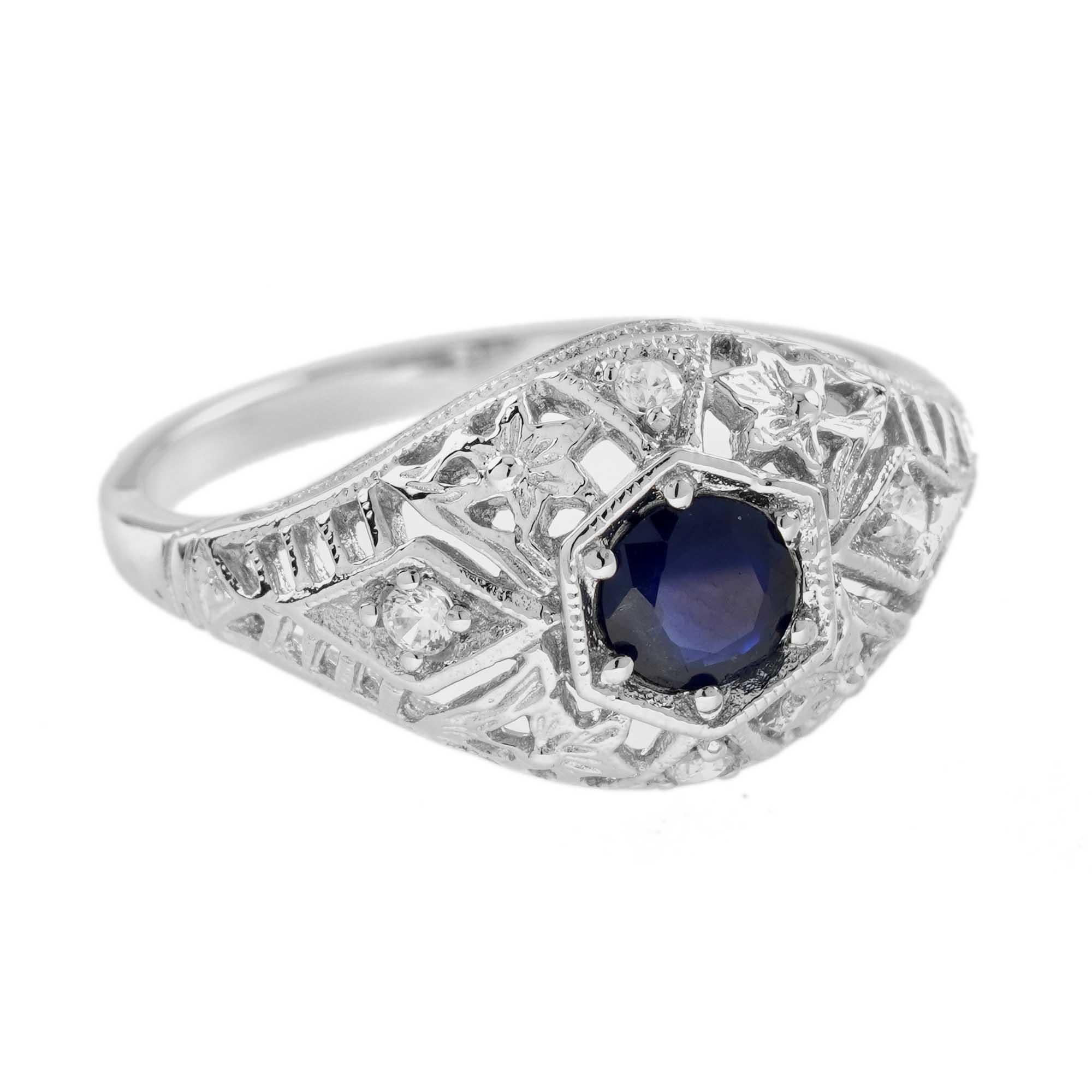 Bague filigrane de style vintage en or blanc 9 carats avec saphir bleu naturel et diamant