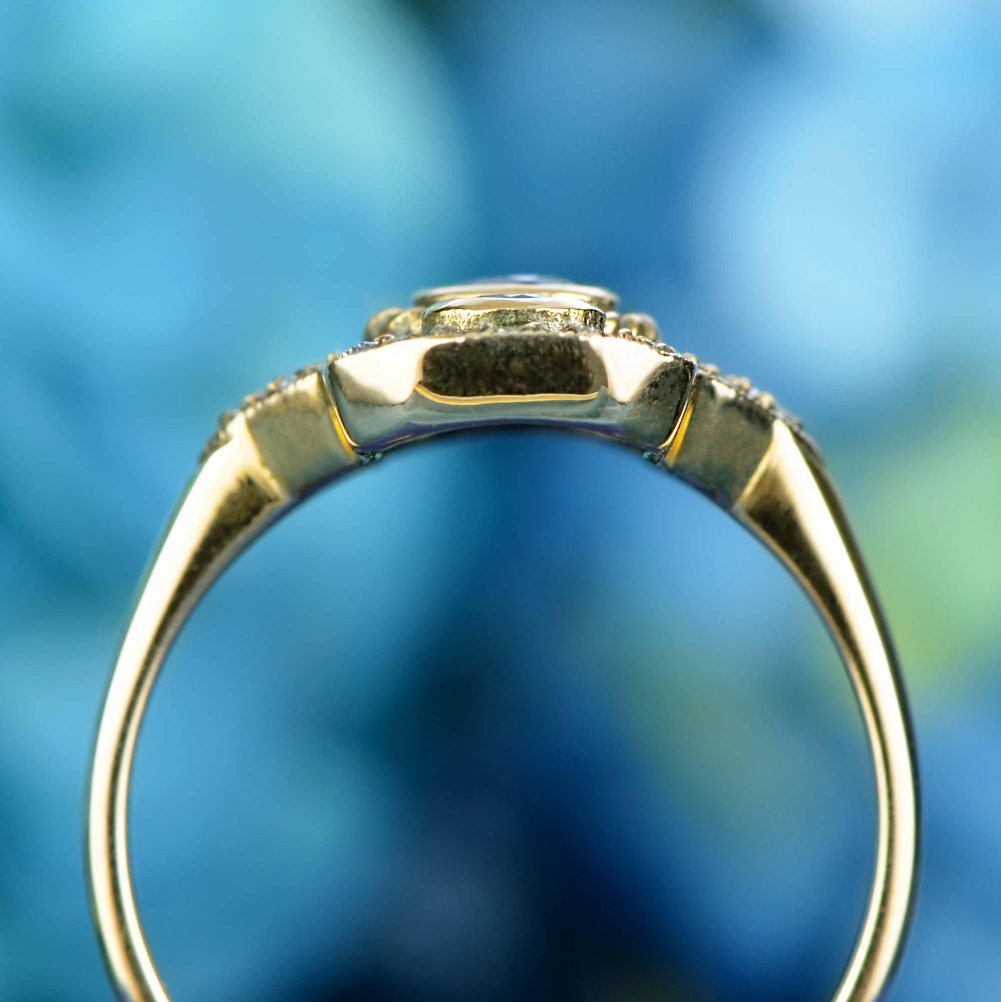 Vertikaler Trinity-Ring aus 9 Karat Gold mit natürlichem blauem Saphir und Diamant im Vintage-Stil im Zustand „Neu“ im Angebot in Bangkok, TH