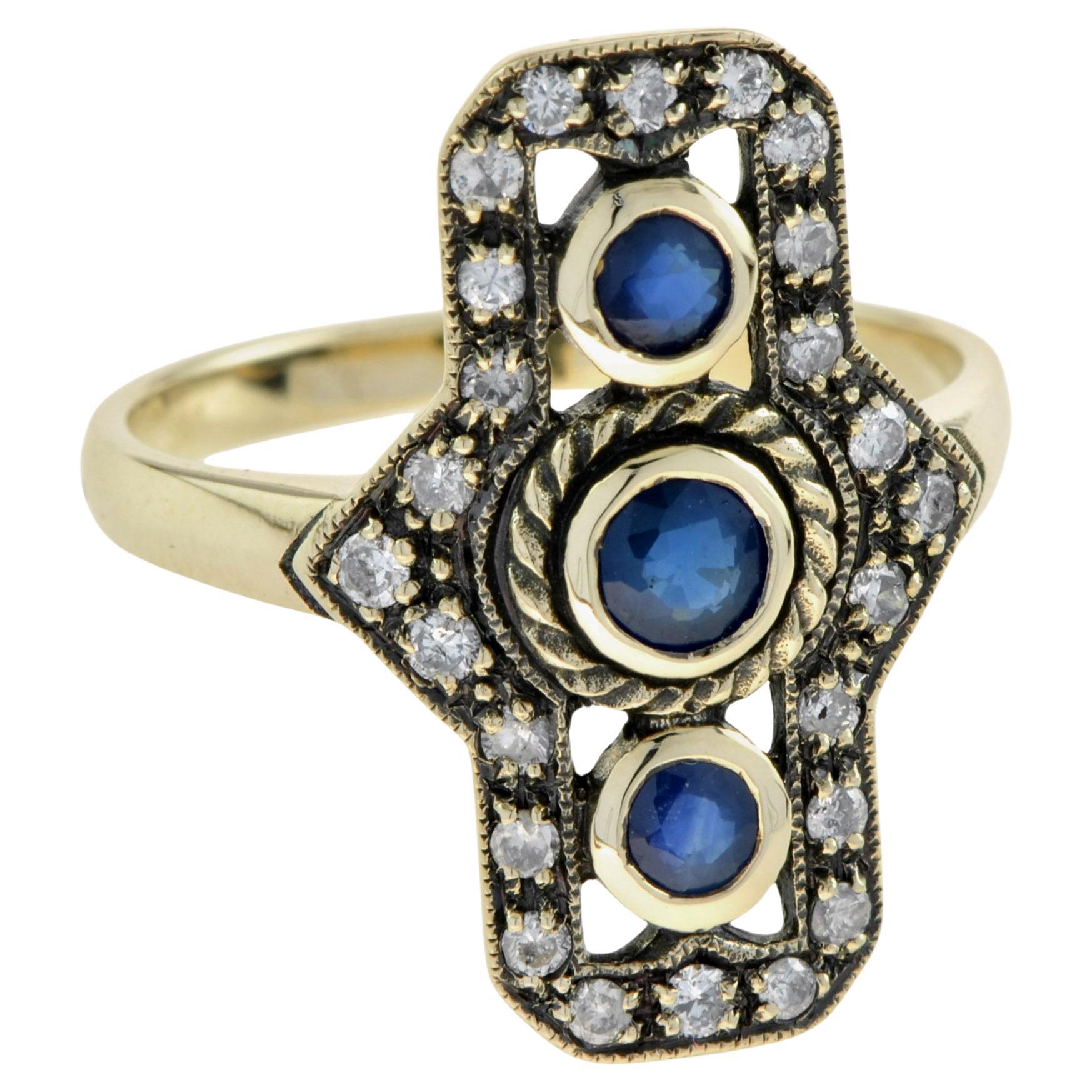Natural Blue Sapphire Diamond Vintage Style Vertical Trinity Ring in 9K Gold For Sale