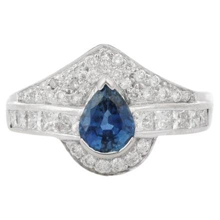 Natural Blue Sapphire Diamond Women Ring for Wedding in Solid 18k White Gold