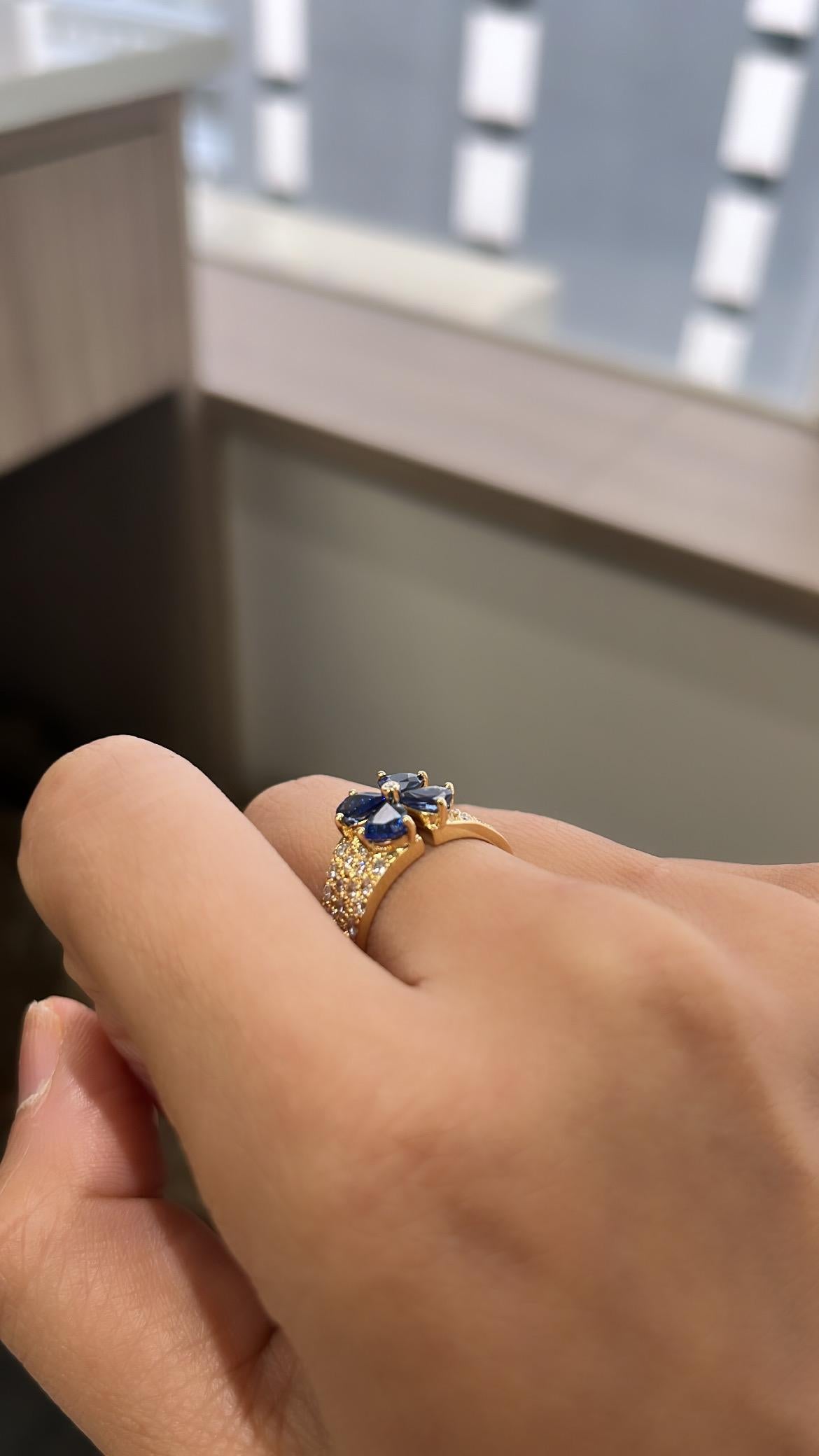 Pear Cut Natural, Blue Sapphire & Diamonds Band/ Cocktail Ring set in 18K Yellow Gold For Sale