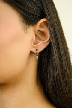 Natural Blue Sapphire Drop Earrings with Baguette Diamonds in 14K White Gold