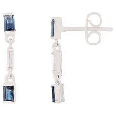 Natural Blue Sapphire Drop Earrings with Baguette Diamonds in 14K White Gold
